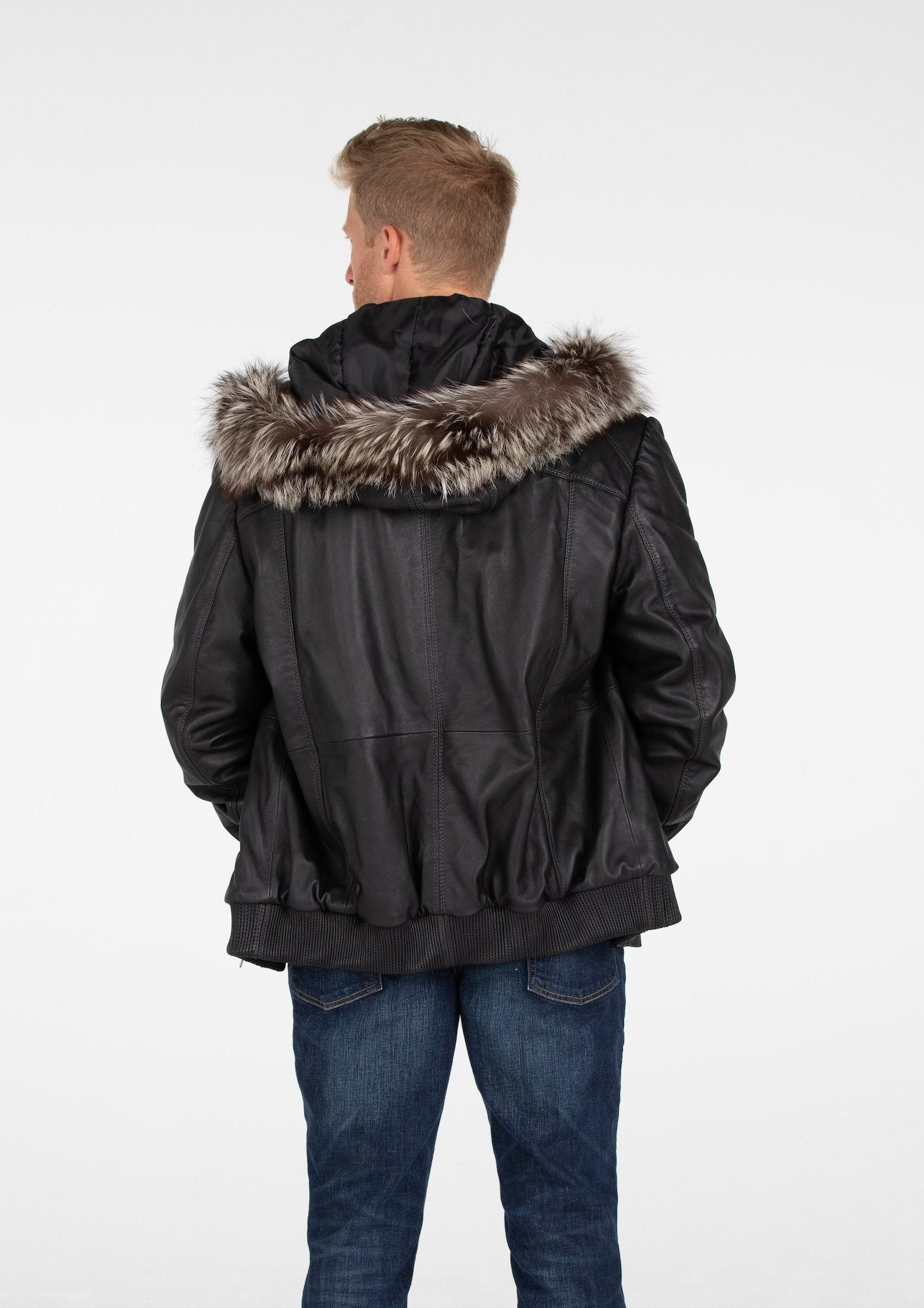Leather Jacket - Mens Silver Fox Look Fur Hooded Leather Jacket - Clearance