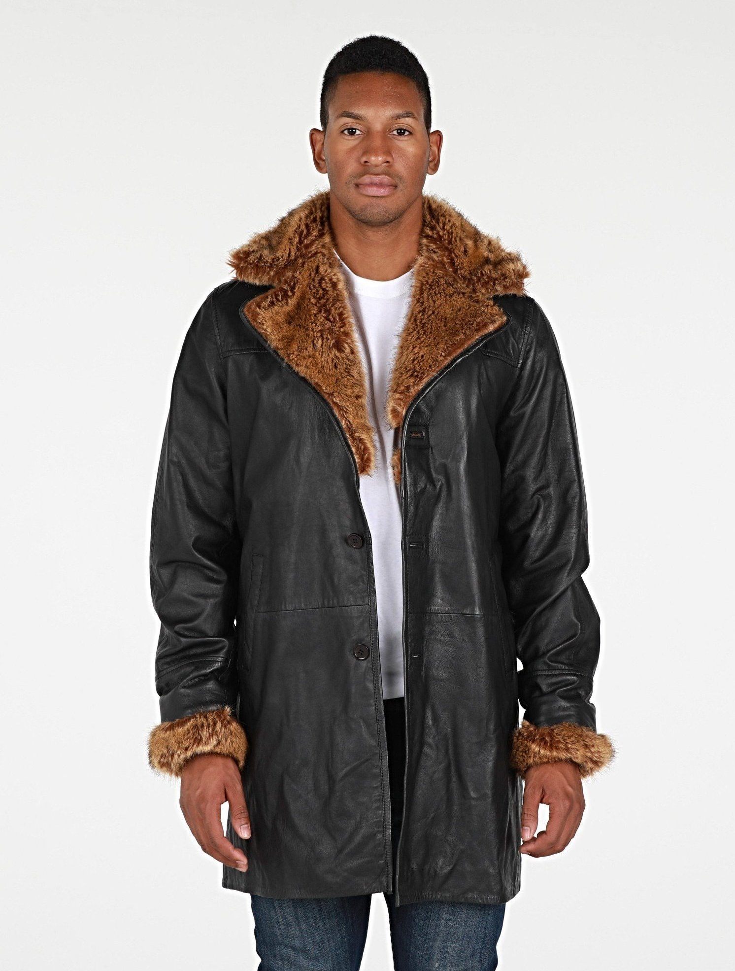 Leather Jacket - Ulman Mens Winter Leather Coat W/Faux Fur - Clearance