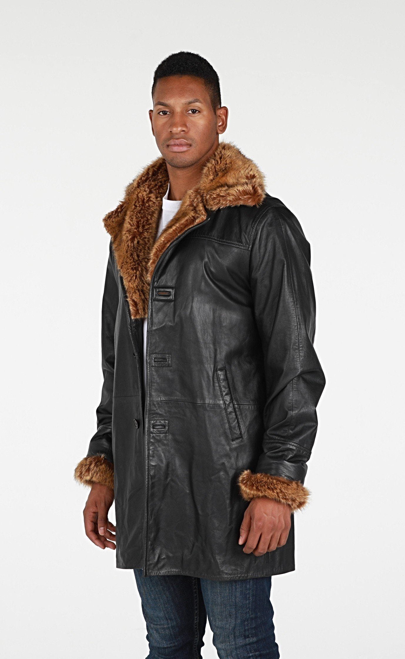 Leather Jacket - Ulman Mens Winter Leather Coat W/Faux Fur - Clearance