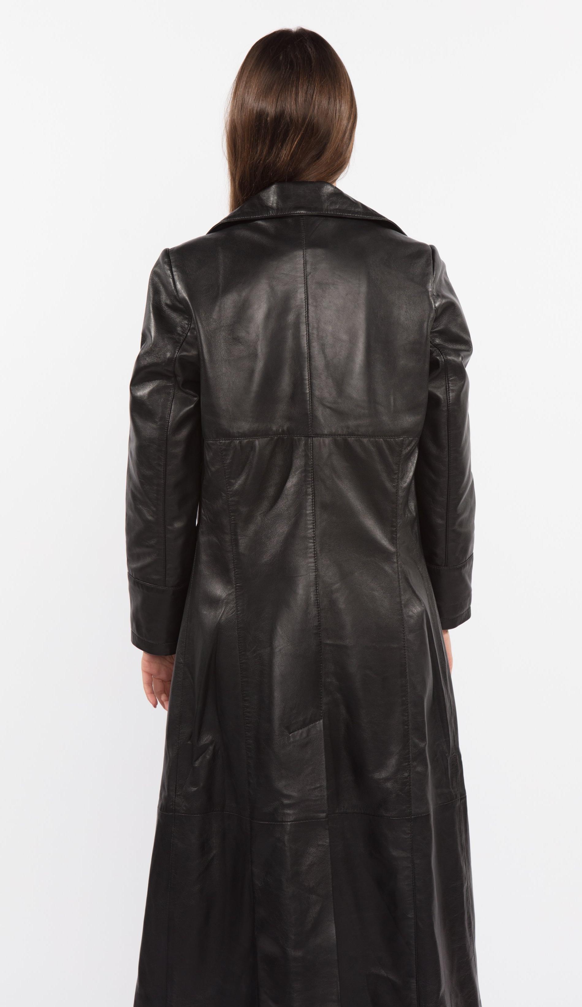 Womens Leather Coat - Ladies 3 Button Matrix Black Full Length Leather Coat