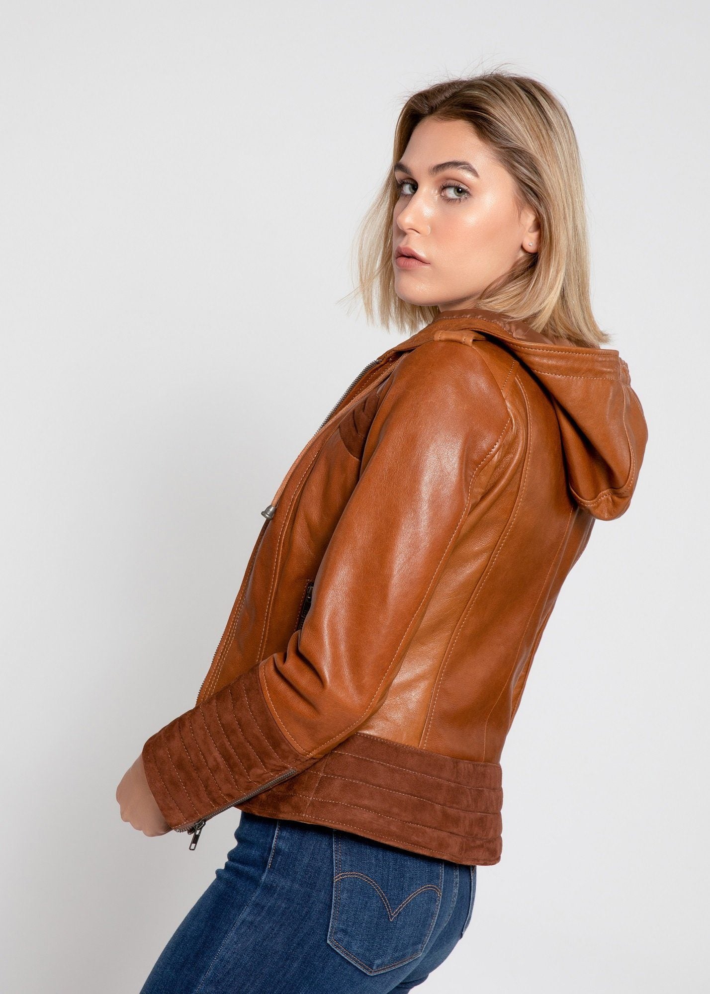 Womens Leather Jacket - Arya Brown Suede Leather Womens Hooded Leather Jacket - Clearance