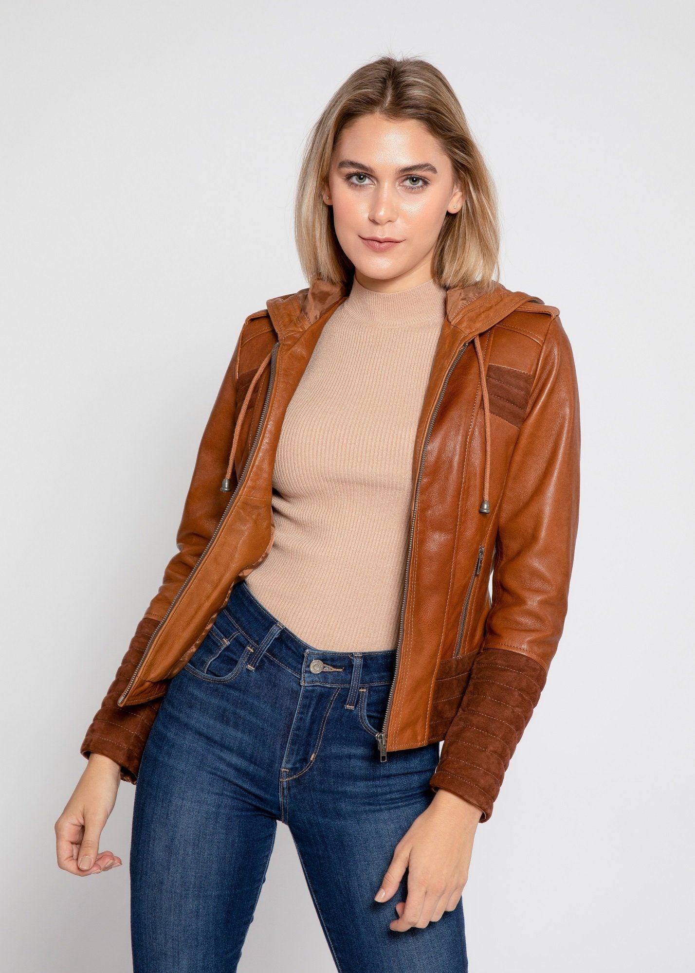 Womens Leather Jacket - Arya Brown Suede Leather Womens Hooded Leather Jacket - Clearance