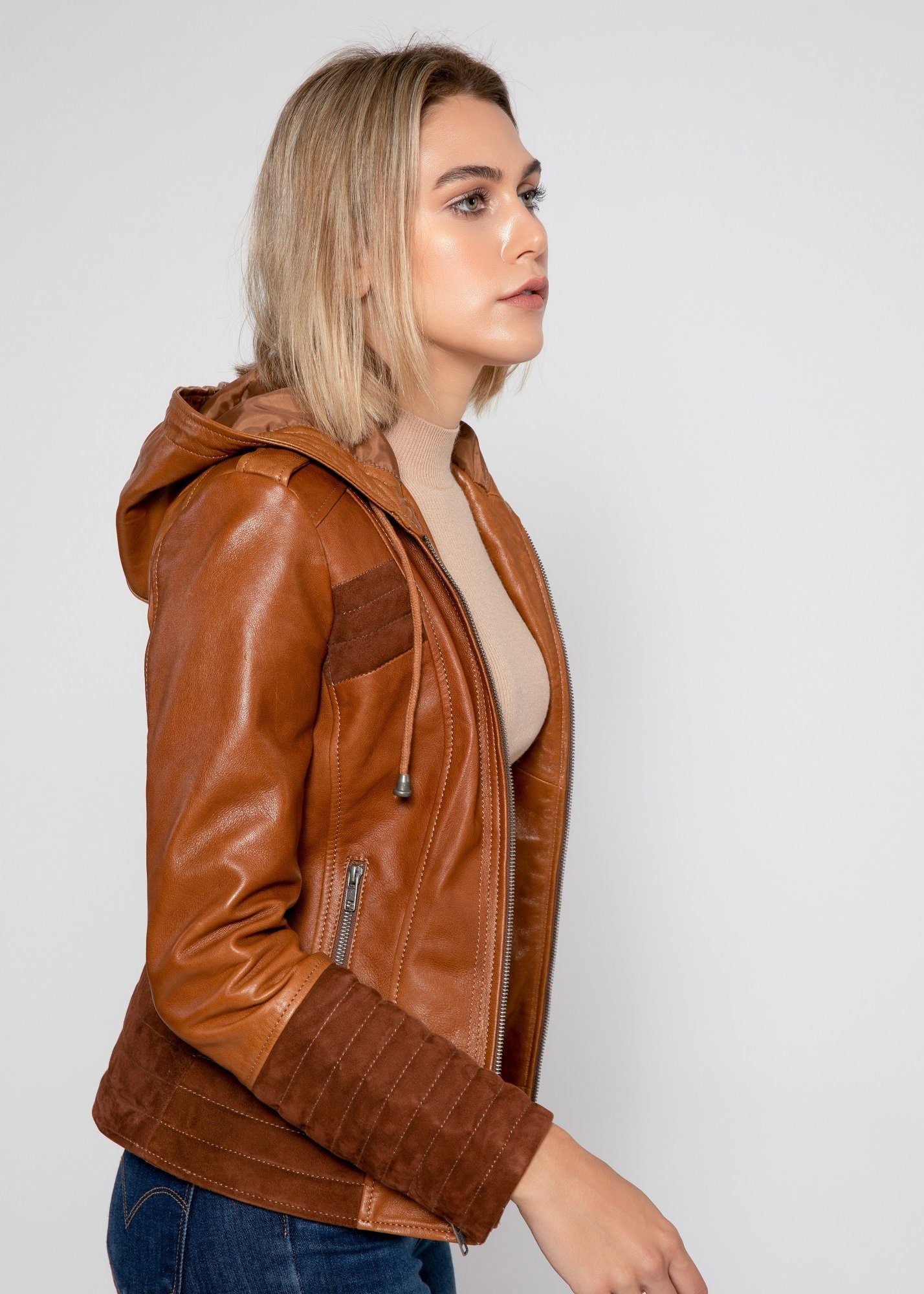 Womens Leather Jacket - Arya Brown Suede Leather Womens Hooded Leather Jacket - Clearance