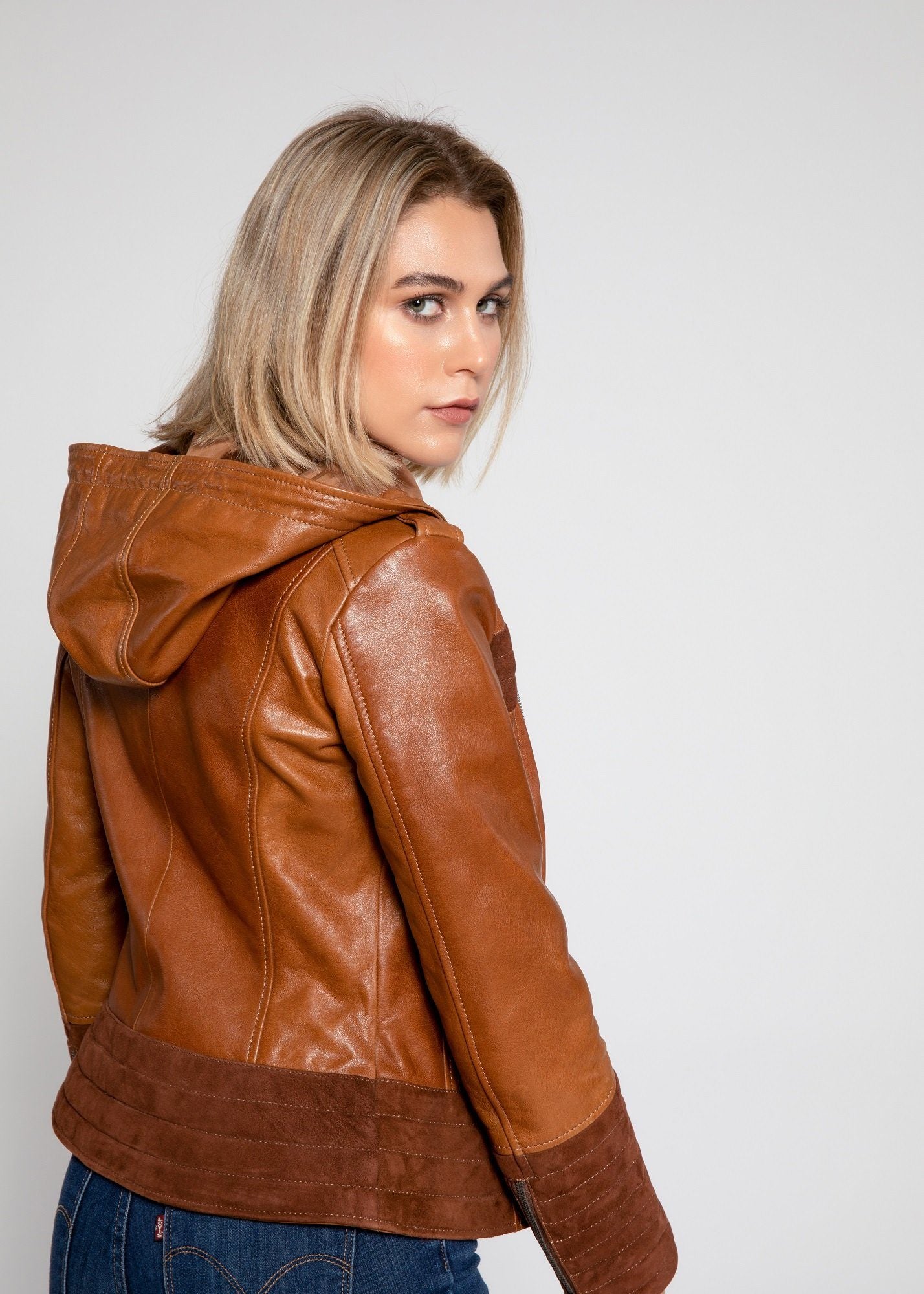 Womens Leather Jacket - Arya Brown Suede Leather Womens Hooded Leather Jacket - Clearance