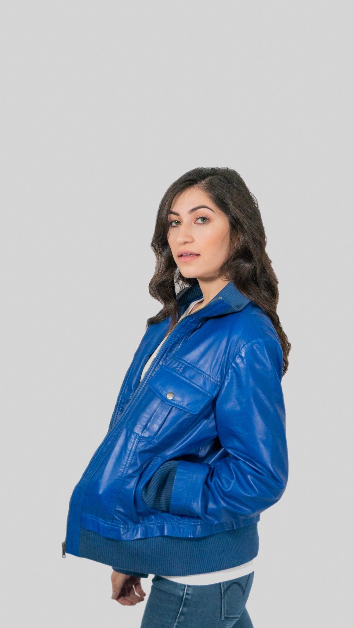 Womens Leather Jacket - Bailey Womens Leather Bomber Jacket Blue