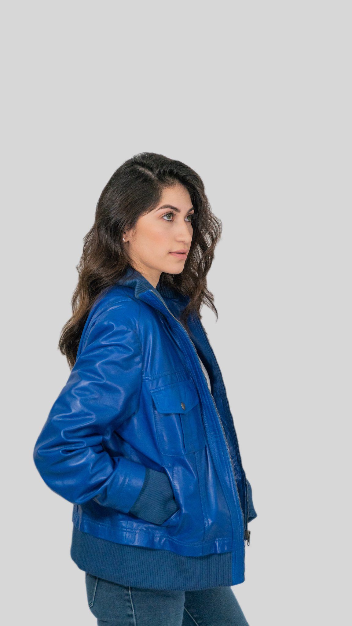Womens Leather Jacket - Bailey Womens Leather Bomber Jacket Blue