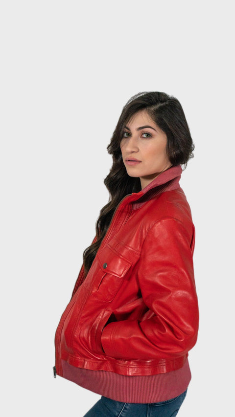 Womens Leather Jacket - Bailey Womens Leather Bomber Jacket Red