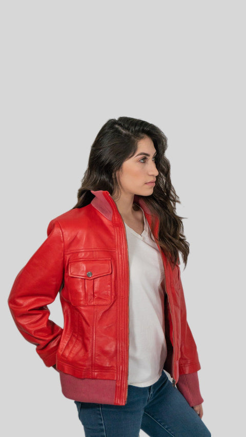 Womens Leather Jacket - Bailey Womens Leather Bomber Jacket Red