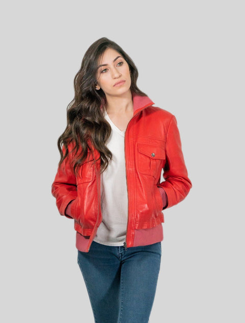 Womens Leather Jacket - Bailey Womens Leather Bomber Jacket Red
