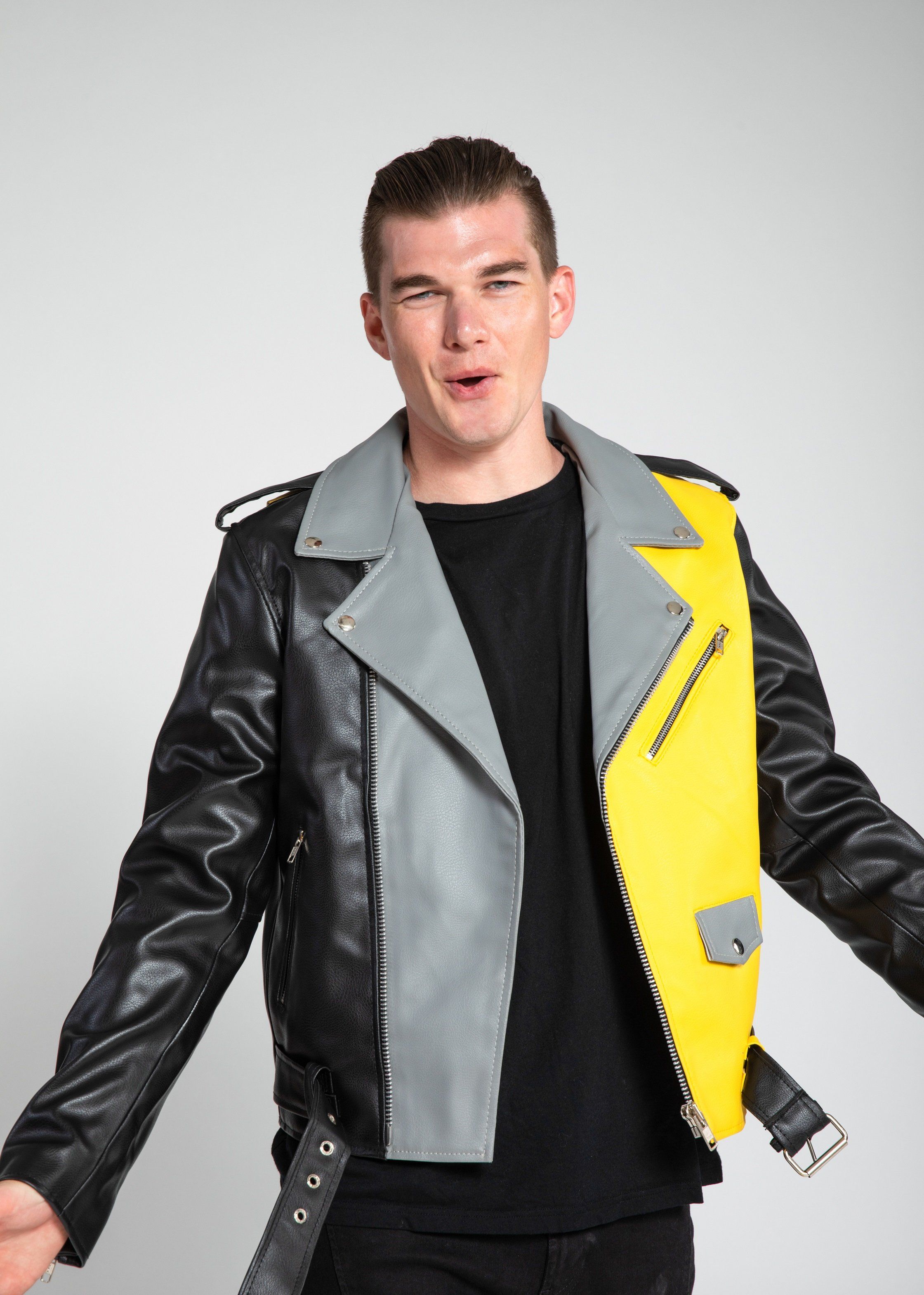 Womens Leather Jacket - Men's Block Print Moto Style Faux Leather Jacket - Yellow/Gray