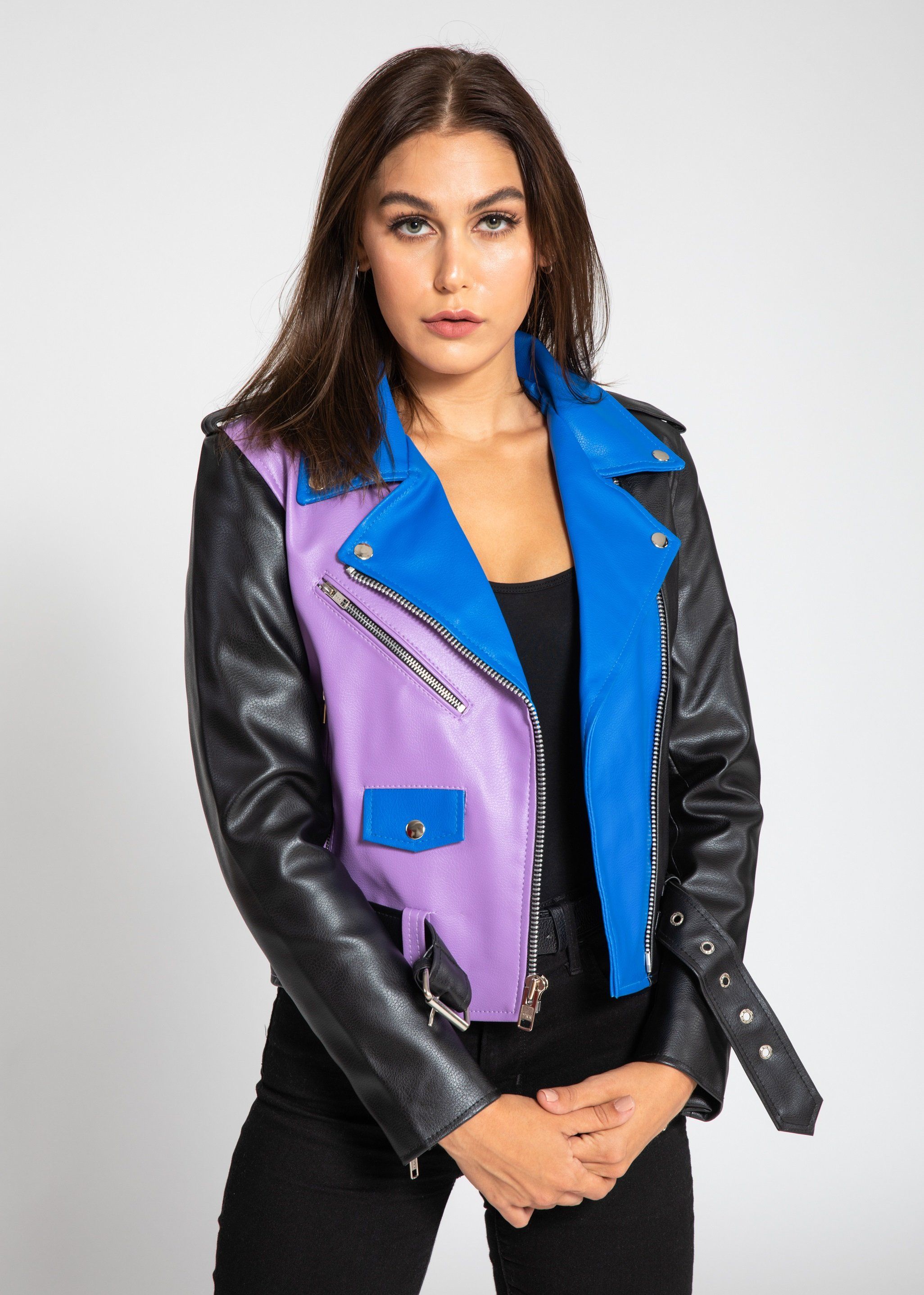 Womens Leather Jacket - Women's Block Print Moto Style Faux Leather Jacket - Purple/Blue