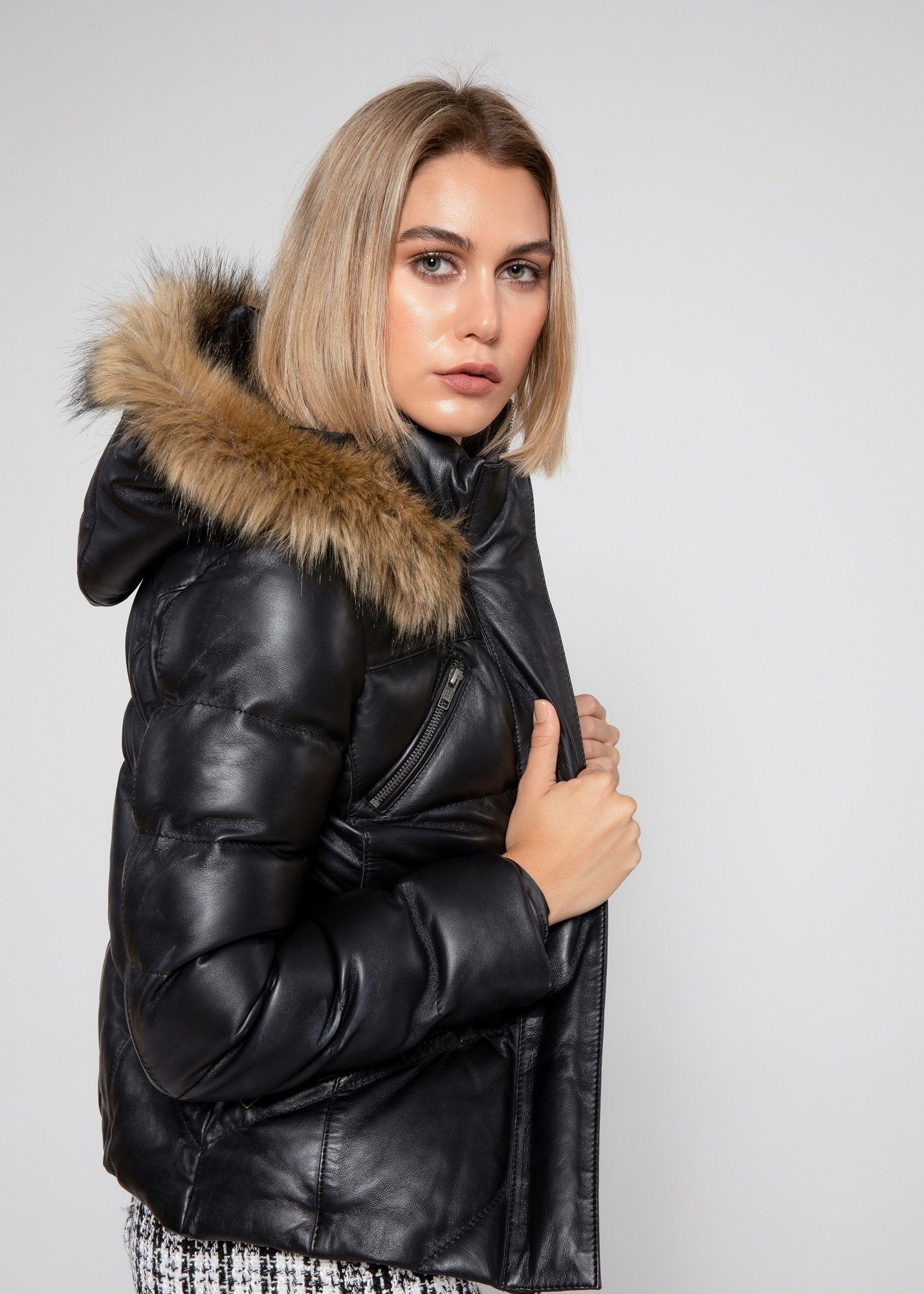 Womens Leather Jacket - Women's Joselyn Black Puffer Winter Down Leather Jacket With Fur