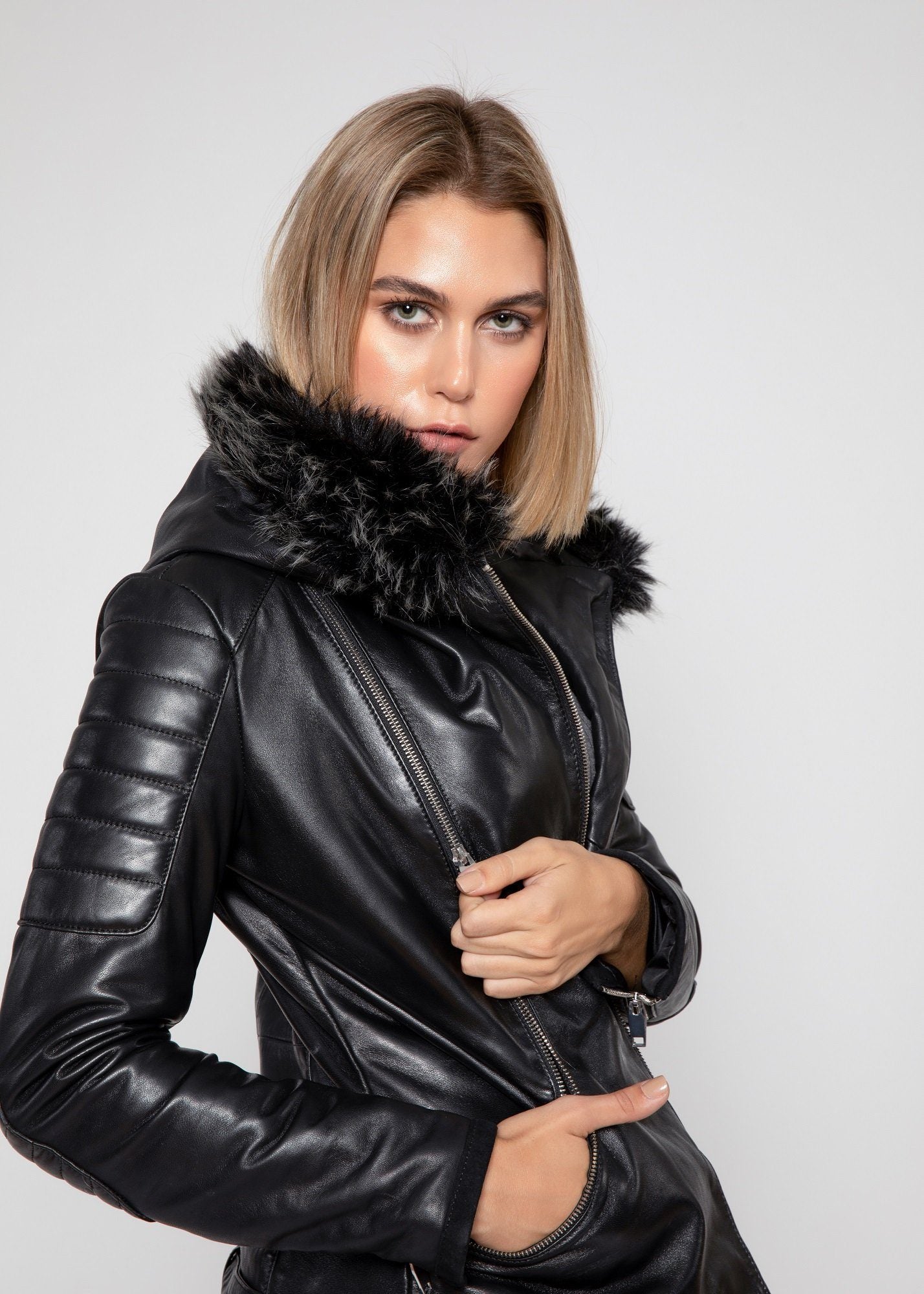 Womens Leather Jacket - Women's Poseidon Leather Jacket With Fur Hoodie