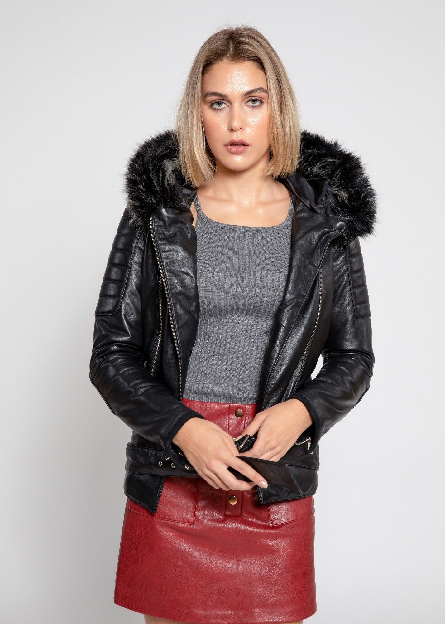 Womens Leather Jacket - Women's Poseidon Leather Jacket With Fur Hoodie