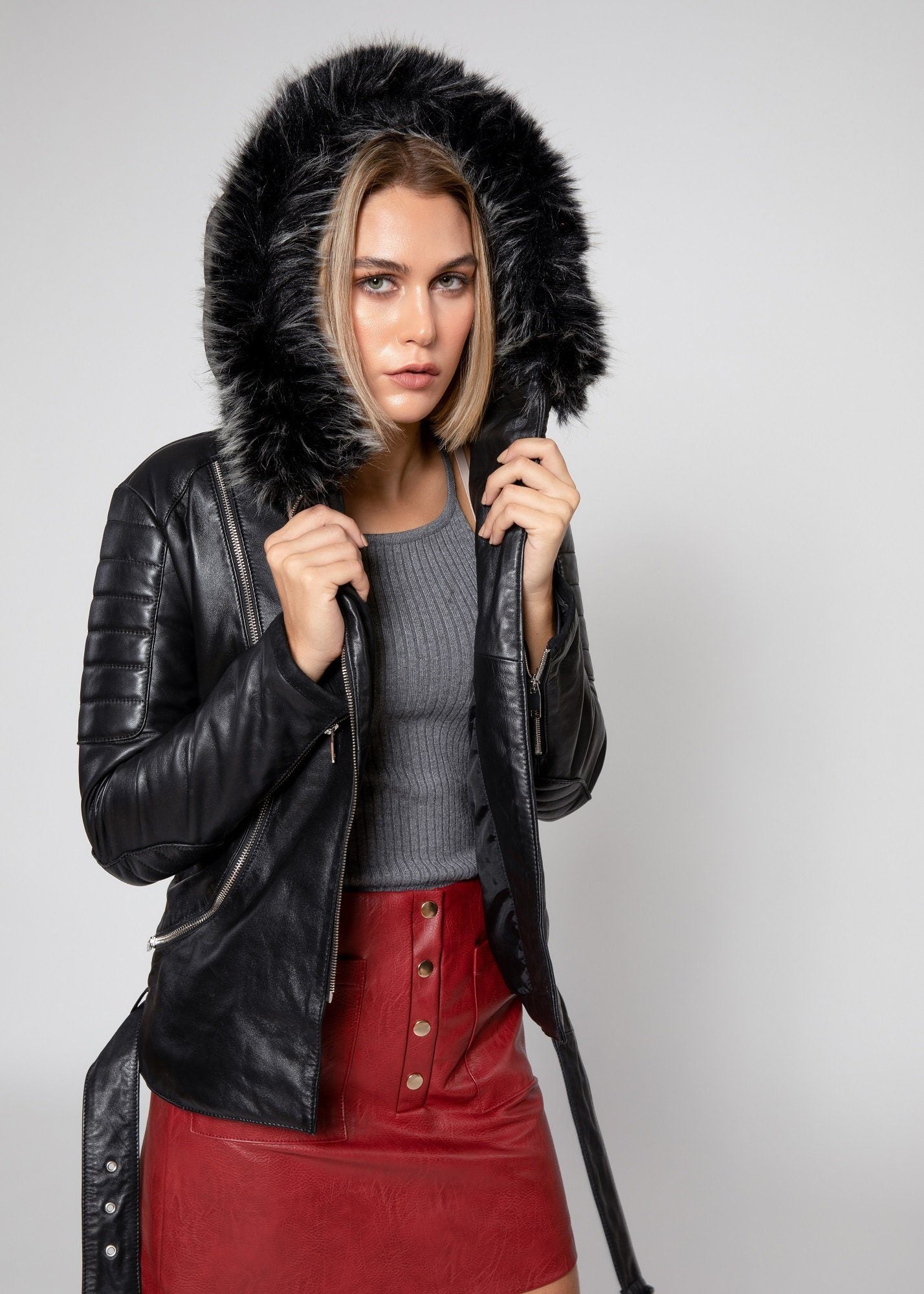 Womens Leather Jacket - Women's Poseidon Leather Jacket With Fur Hoodie