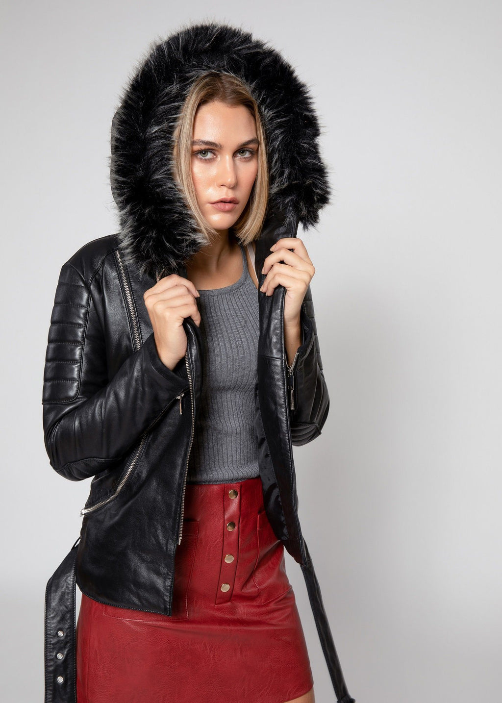 Womens Winter Down Leather Jacket Black FAD
