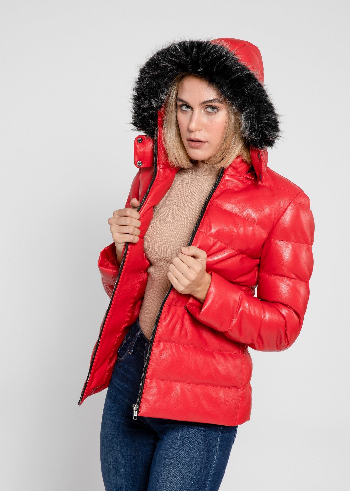 Womens Leather Jacket - Women's Striking Puffer Arctic Red Down Leather Jacket With Fur