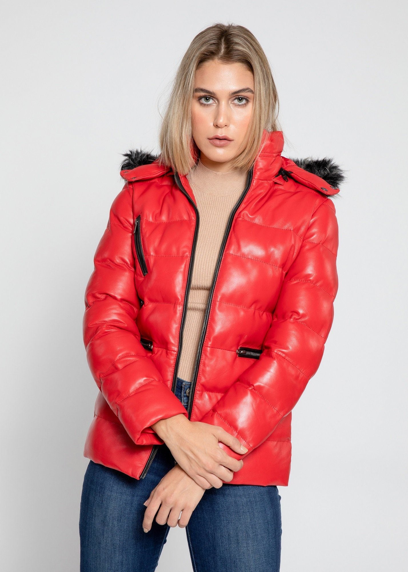 Womens Leather Jacket - Women's Striking Puffer Arctic Red Down Leather Jacket With Fur