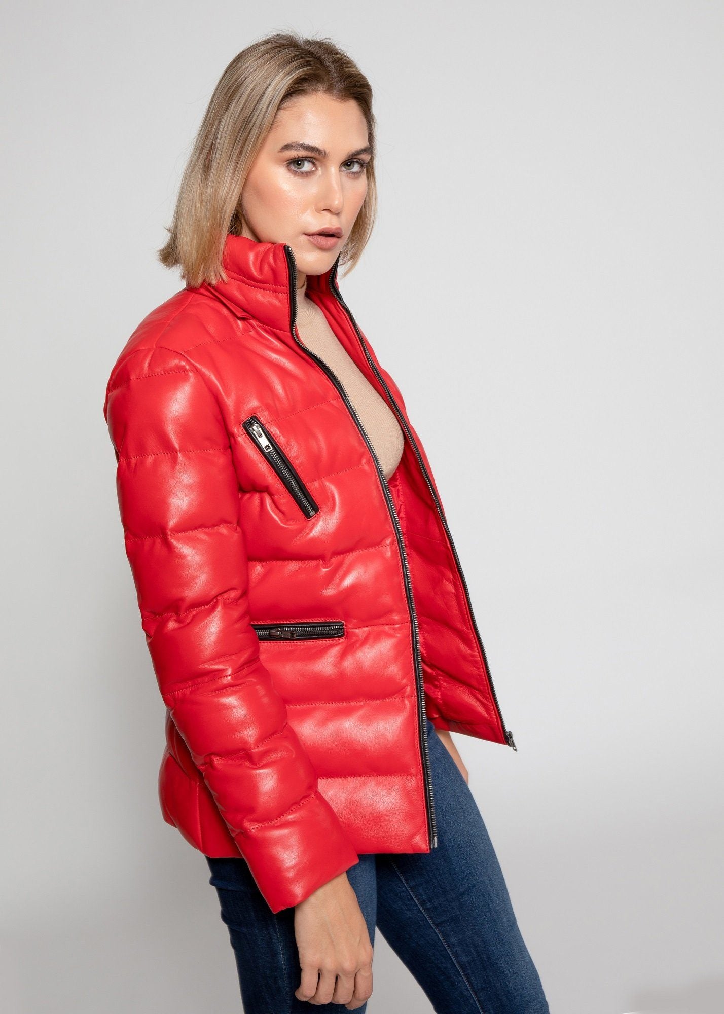 Womens Leather Jacket - Women's Striking Puffer Arctic Red Down Leather Jacket With Fur