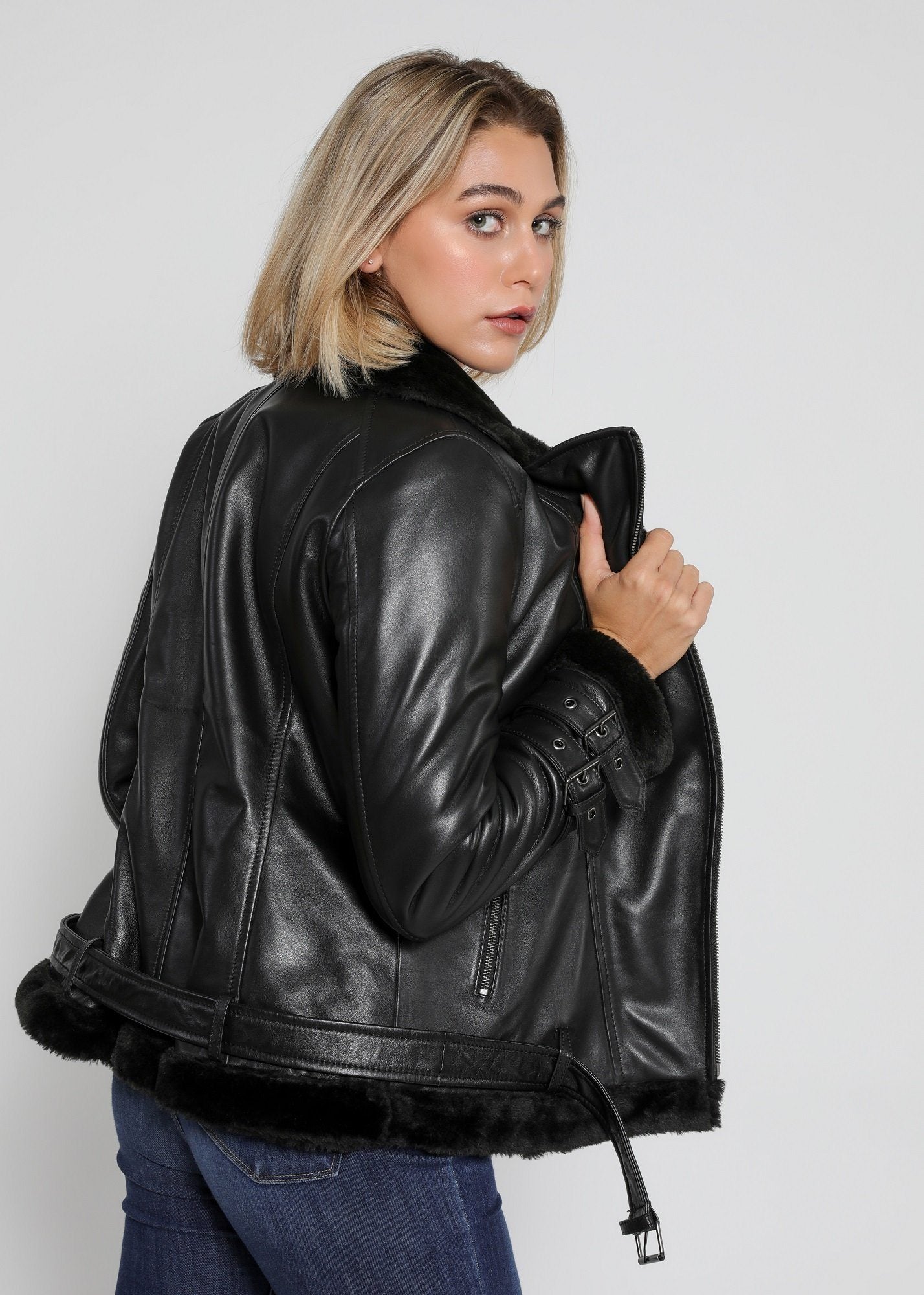 Womens Leather Jacket - Women's Sylvia Black Shearling Fur Leather Jacket