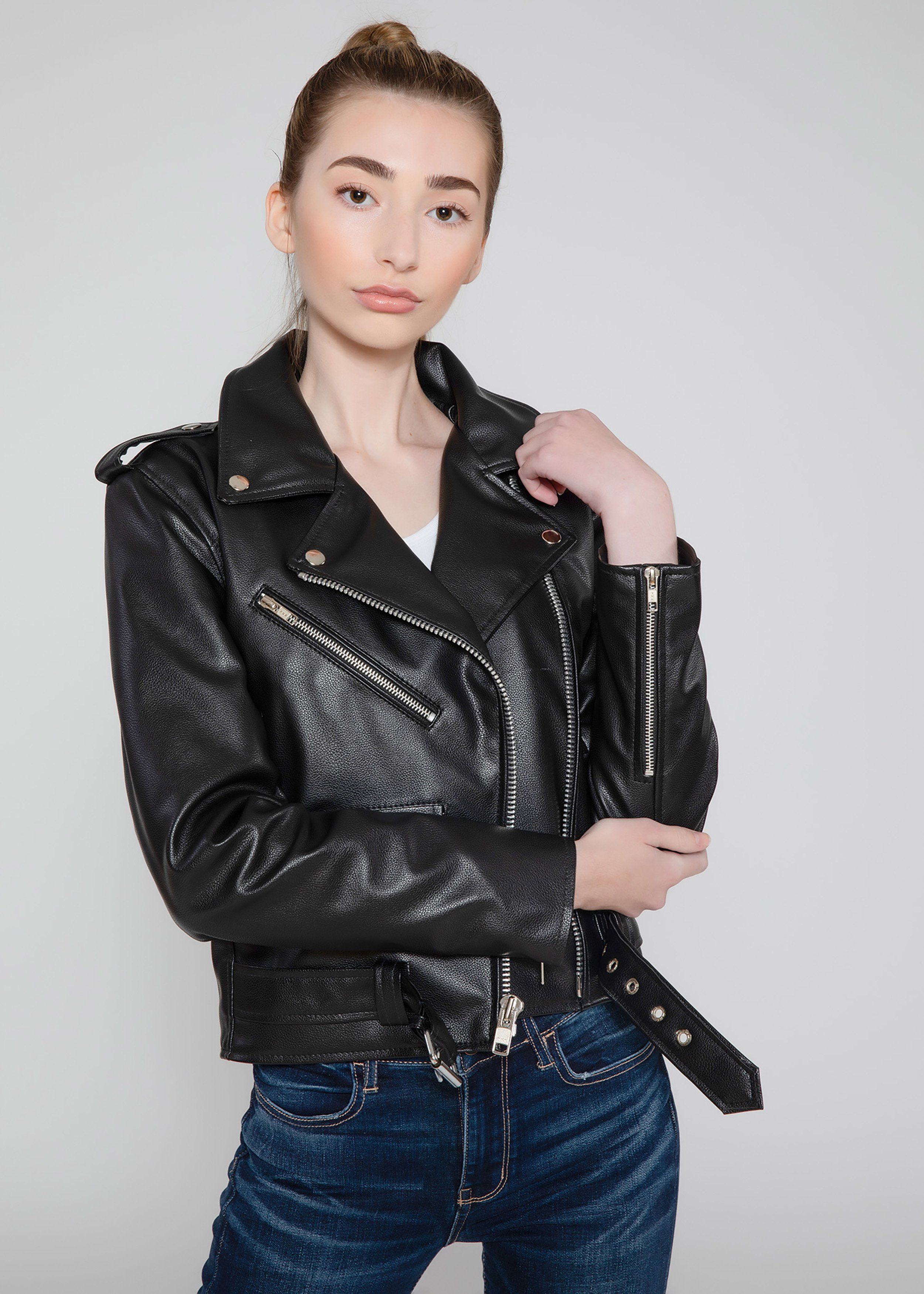 Womens Leather Jacket - Women's Vegan Moto Style Faux Leather Jacket