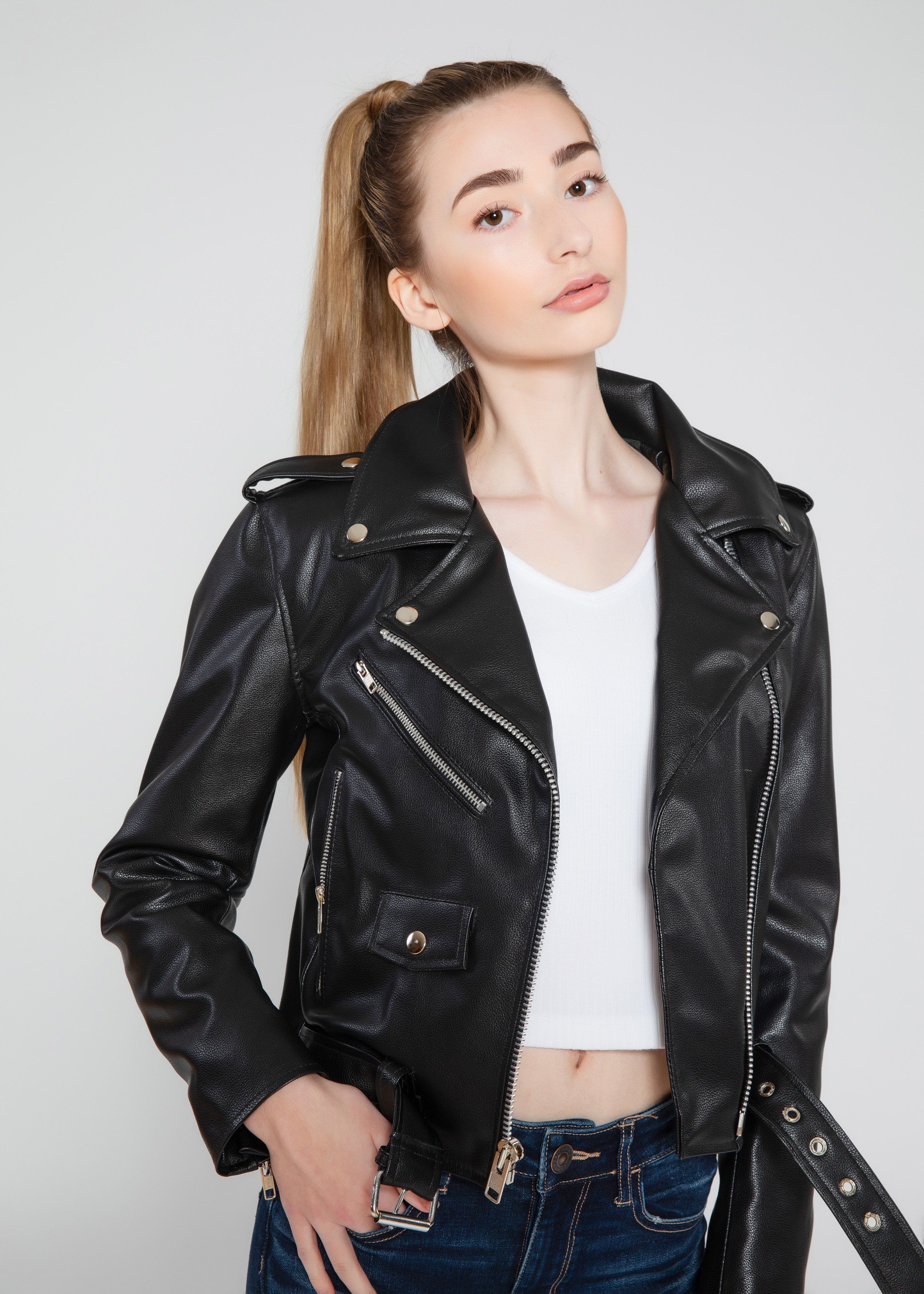 Womens Leather Jacket - Women's Vegan Moto Style Faux Leather Jacket