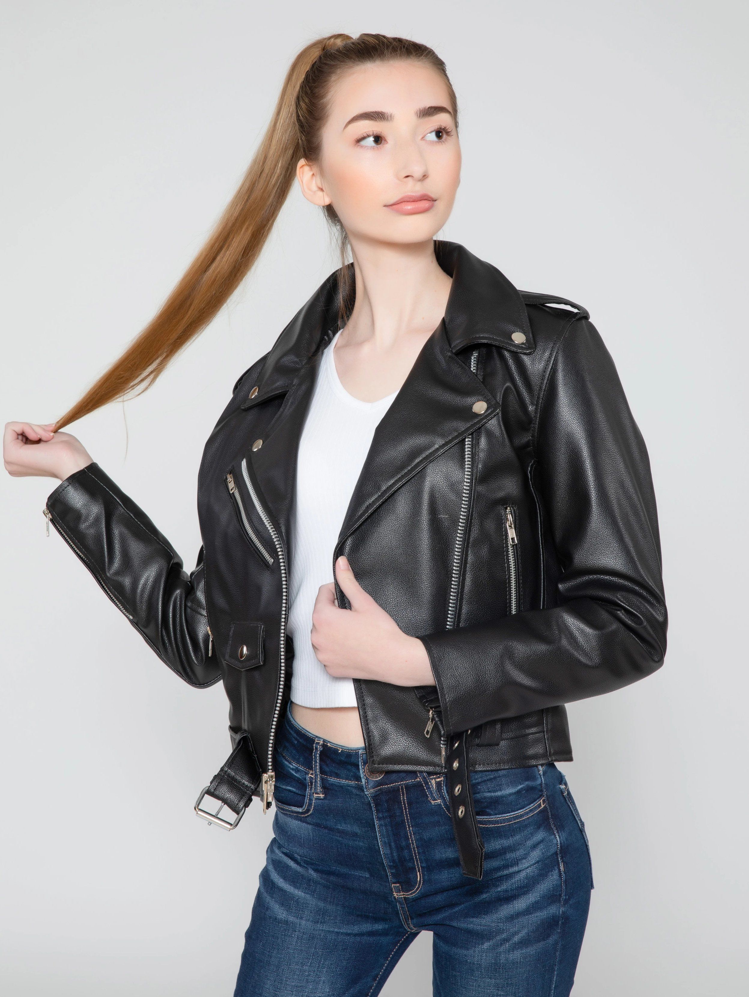 Womens Leather Jacket - Women's Vegan Moto Style Faux Leather Jacket