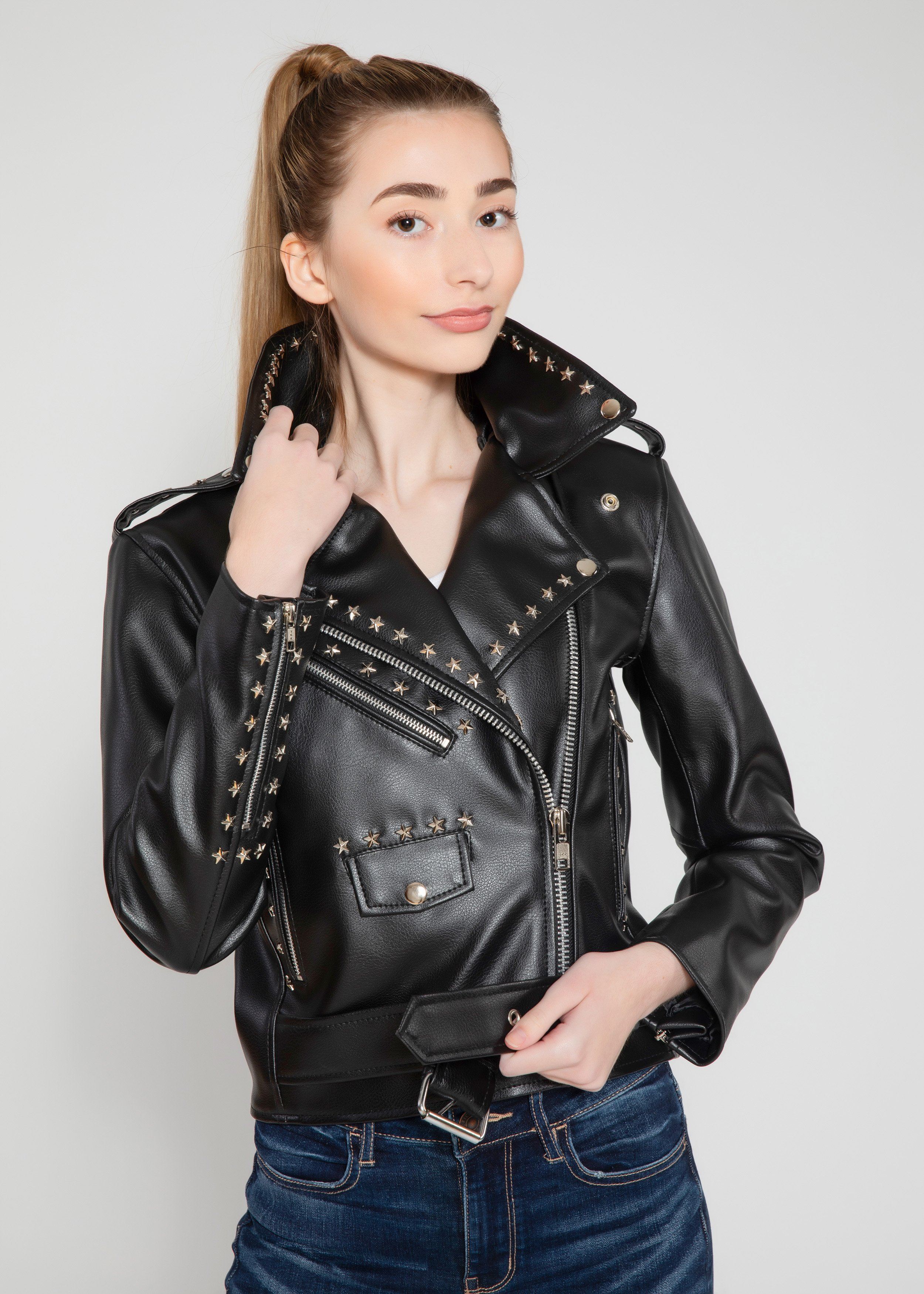 Womens Leather Jacket - Women's Vegan Star Studded Black Moto Style Faux Leather Jacket