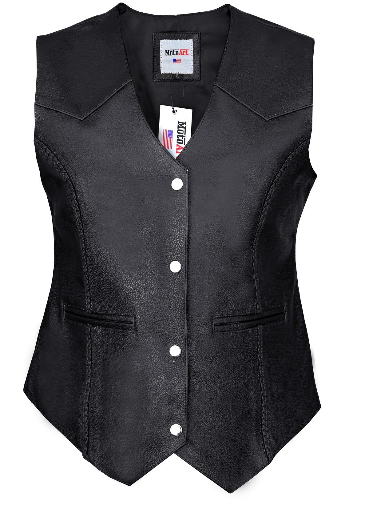 FAD Women Black Diamond Braided Leather Vest - FADLeather