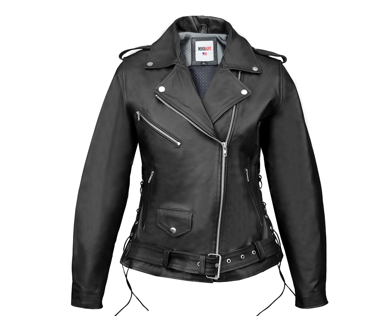 FAD Women Classic Black Premium Leather Motorcycle Vintage Jacket with Side Laces - FADLeather