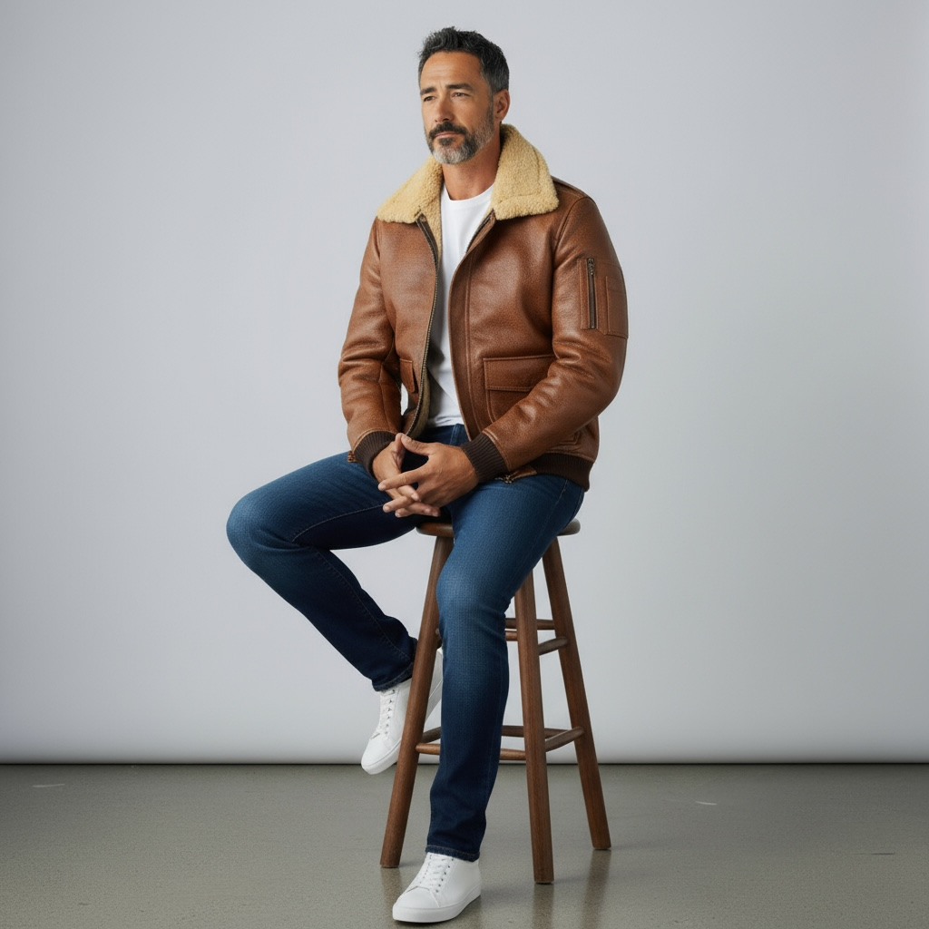 Mens Classic Flight Bomber Genuine Lambskin Leather Fur Lined Jacket