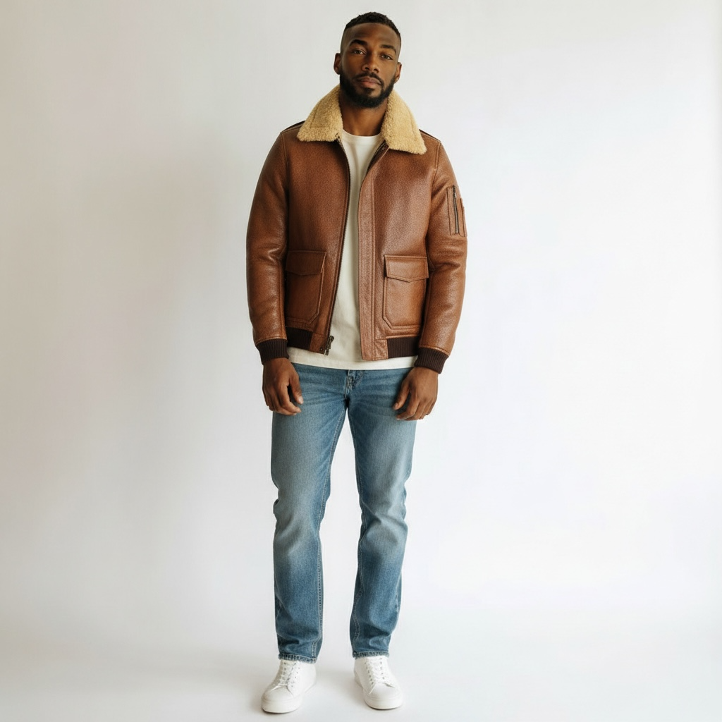 Mens Classic Flight Bomber Genuine Lambskin Leather Fur Lined Jacket