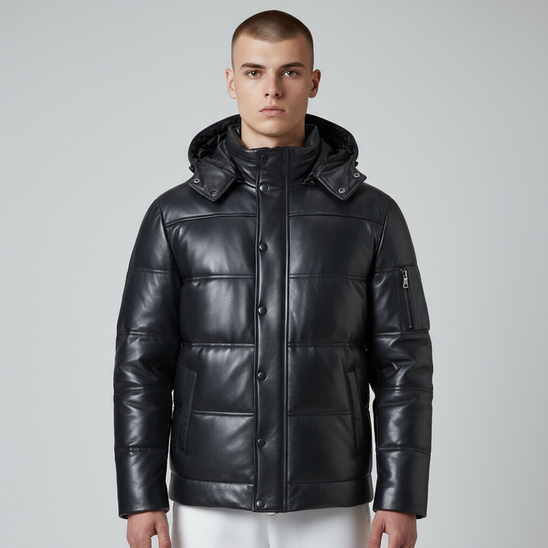 Mens Arctic Genuine Hooded Lambskin Leather Puffer Jacket