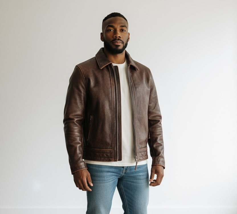 Man wearing a brown leather jacket, white shirt, blue jeans, and white sneakers against a plain background