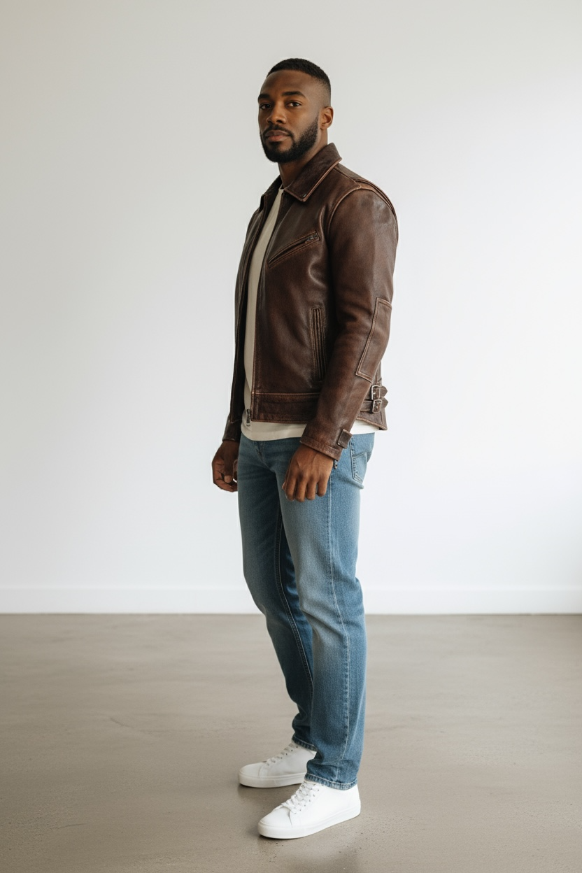 Mens Rex Front Side Pocket Red Brown Genuine Lambskin Leather Jacket