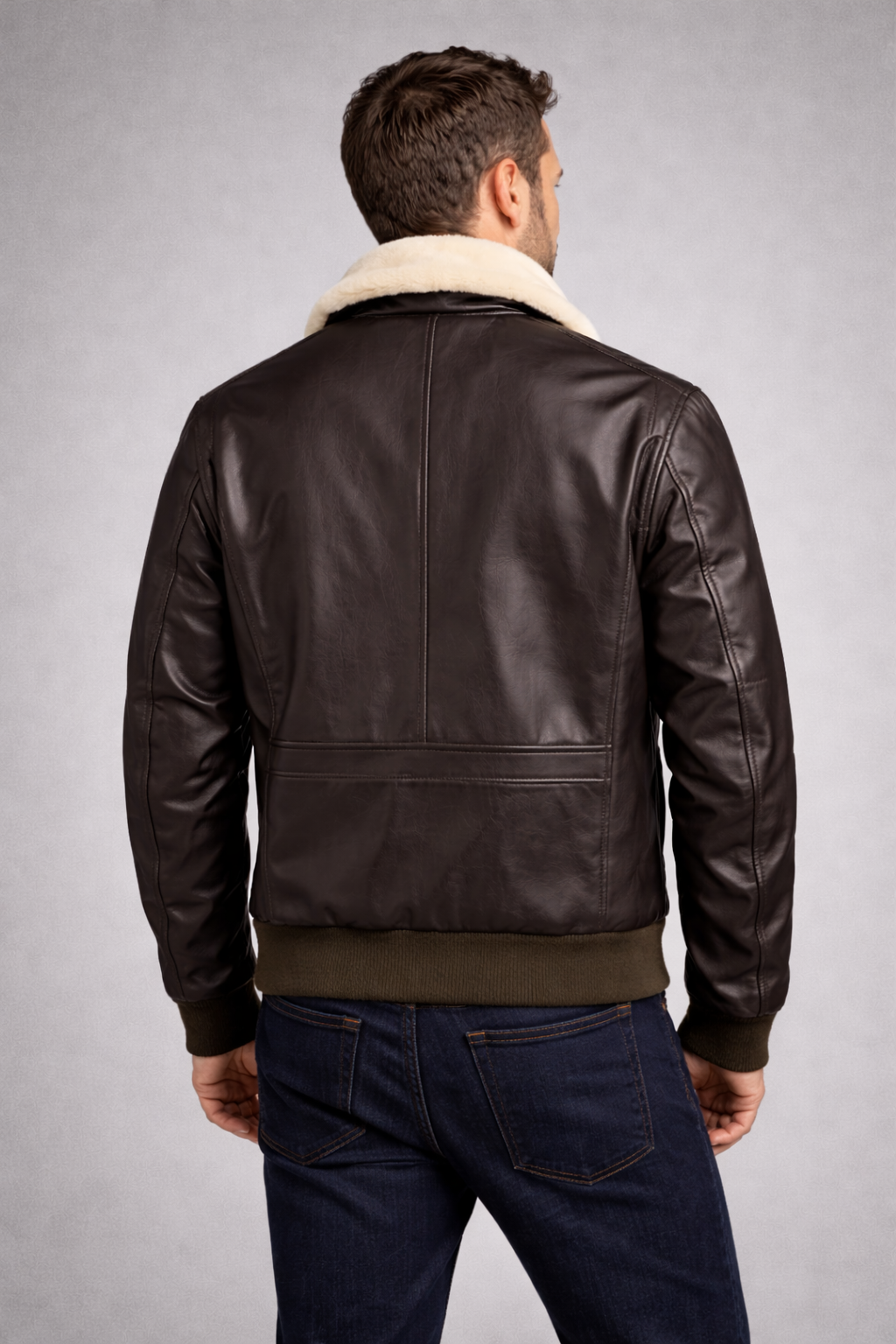 Mens Sky Flight Bomber Genuine Lambskin Leather Fur Collar Cotton Checked Lined Jacket