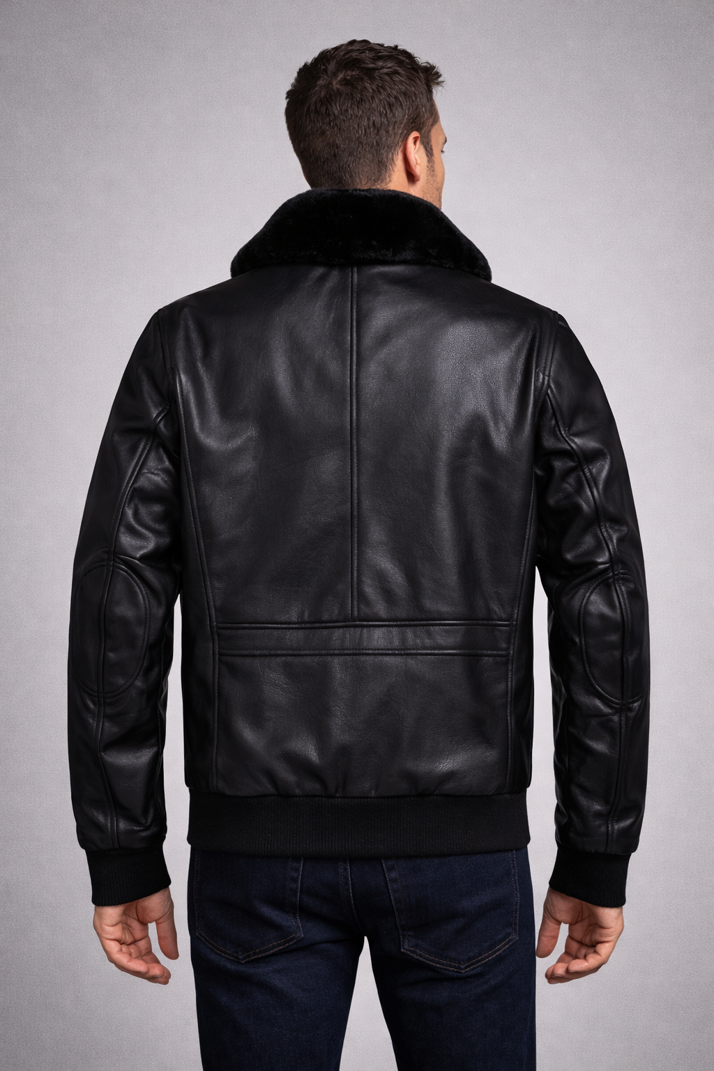 Mens Sky Flight Bomber Genuine Lambskin Leather Fur Collar Cotton Checked Lined Jacket