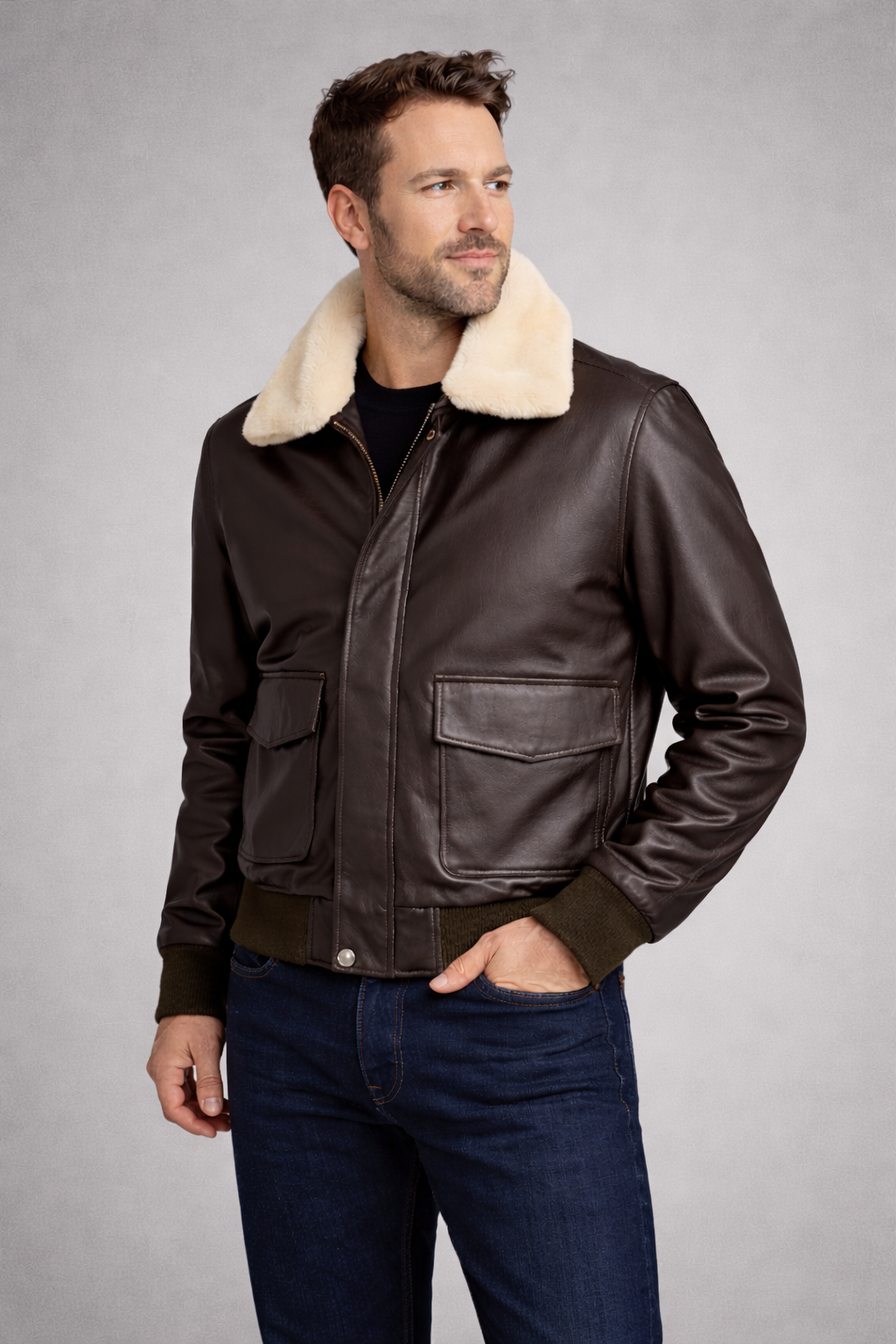 Mens Sky Flight Bomber Genuine Lambskin Leather Fur Collar Cotton Checked Lined Jacket