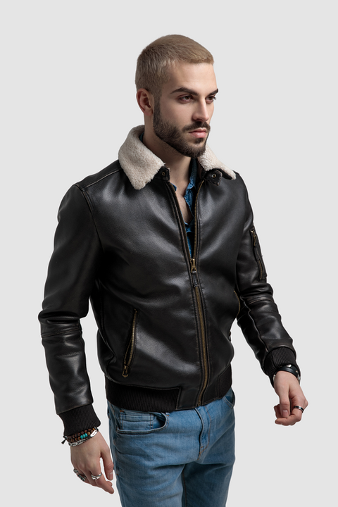 Brayan Lambskin Leather Bomber Jacket with Fur Collar