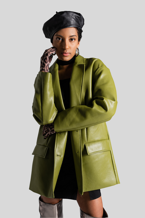 Serena Women 2 Button Green Leather Coat