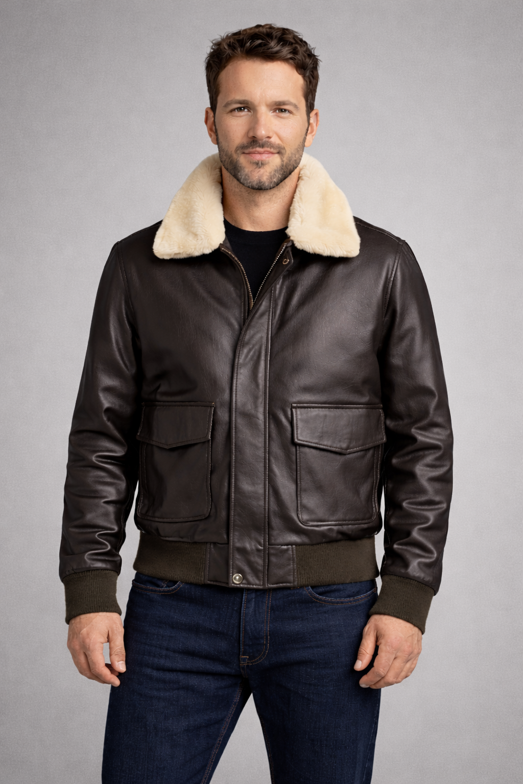 Mens Sky Flight Bomber Genuine Lambskin Leather Fur Collar Cotton Checked Lined Jacket