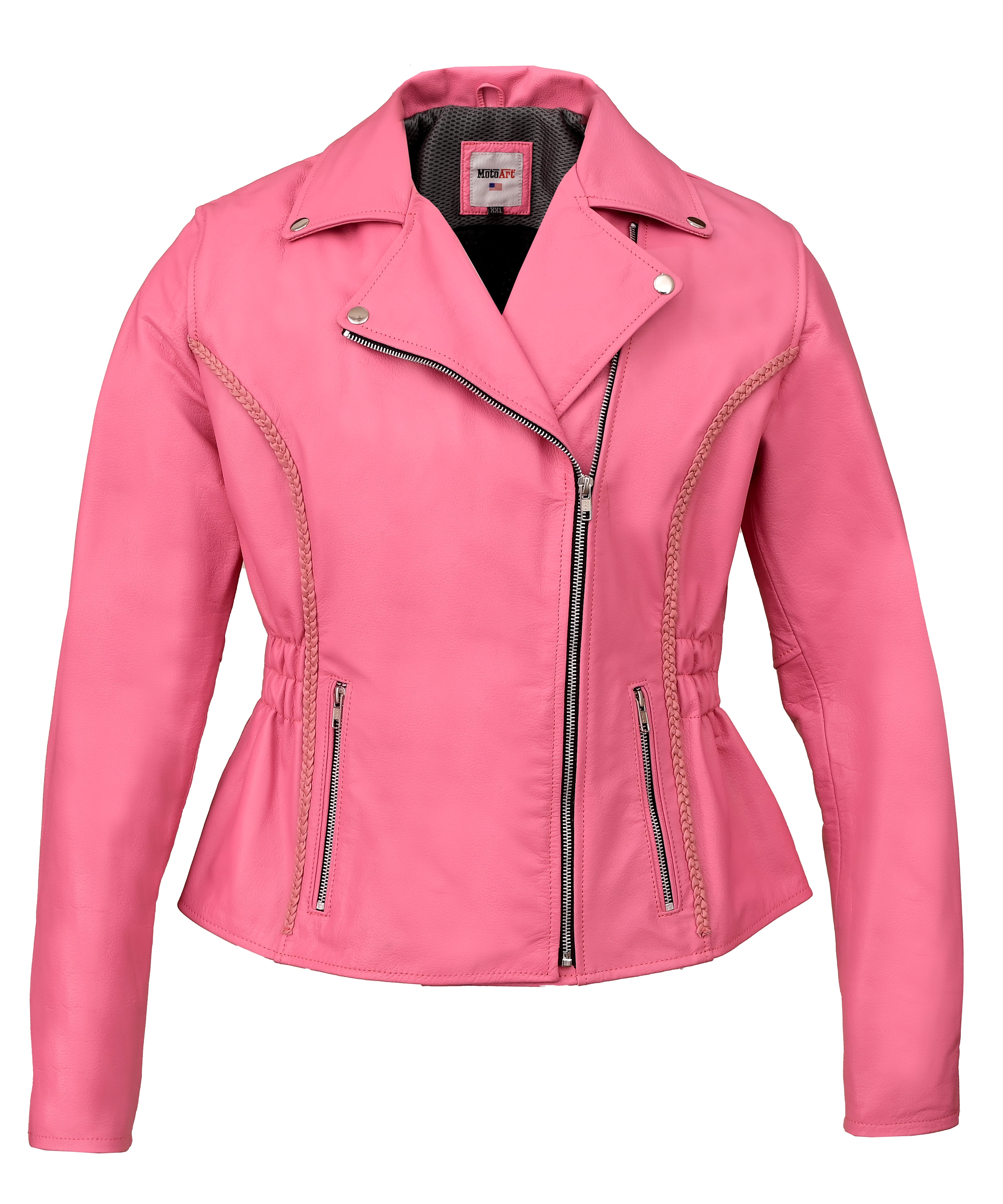 FAD Women Classic Braided Pink Leather Jacket w/ Armor Protection