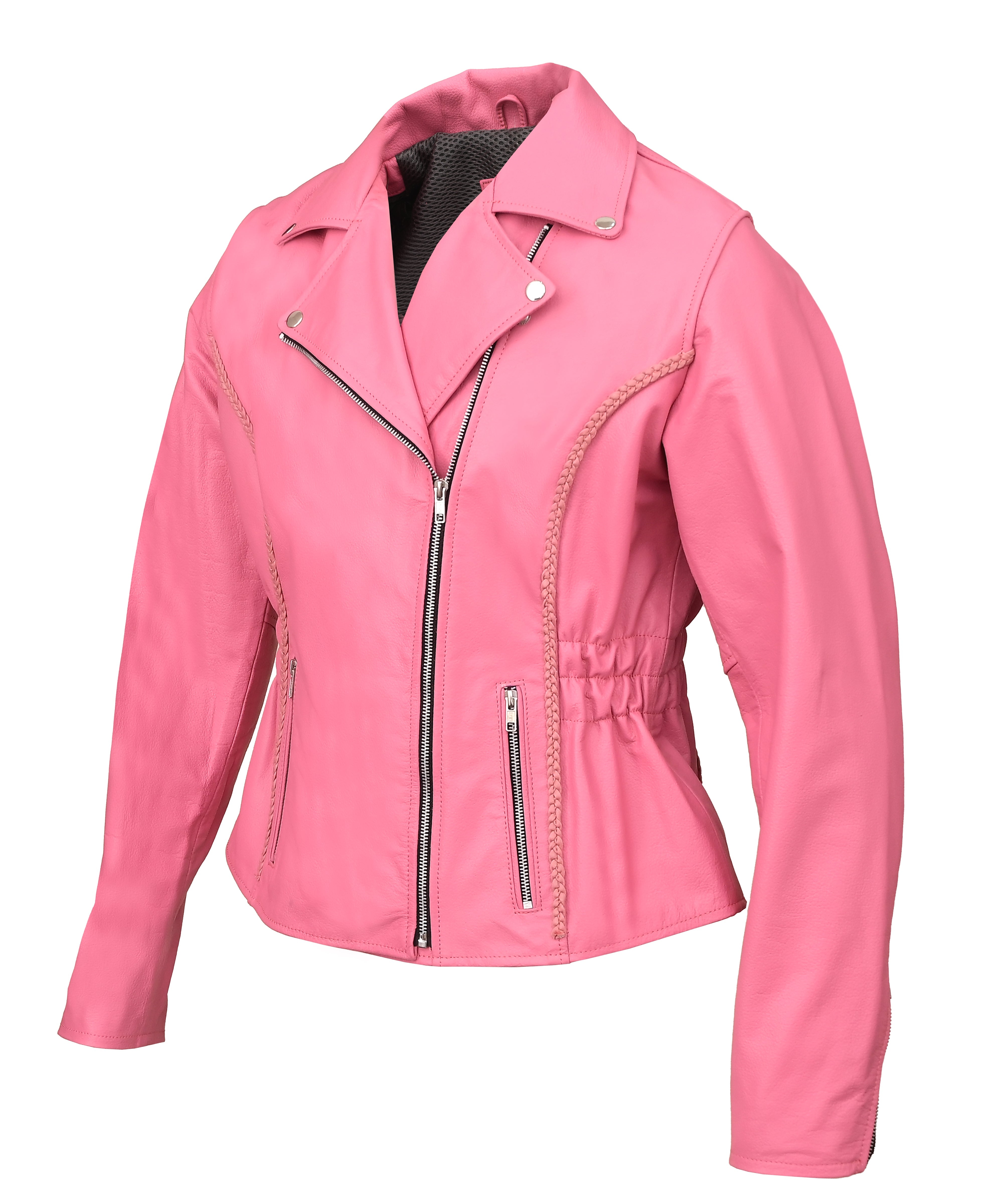 FAD Women Classic Braided Pink Leather Jacket w/ Armor Protection