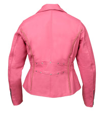 FAD Women Classic Braided Pink Leather Jacket w/ Armor Protection