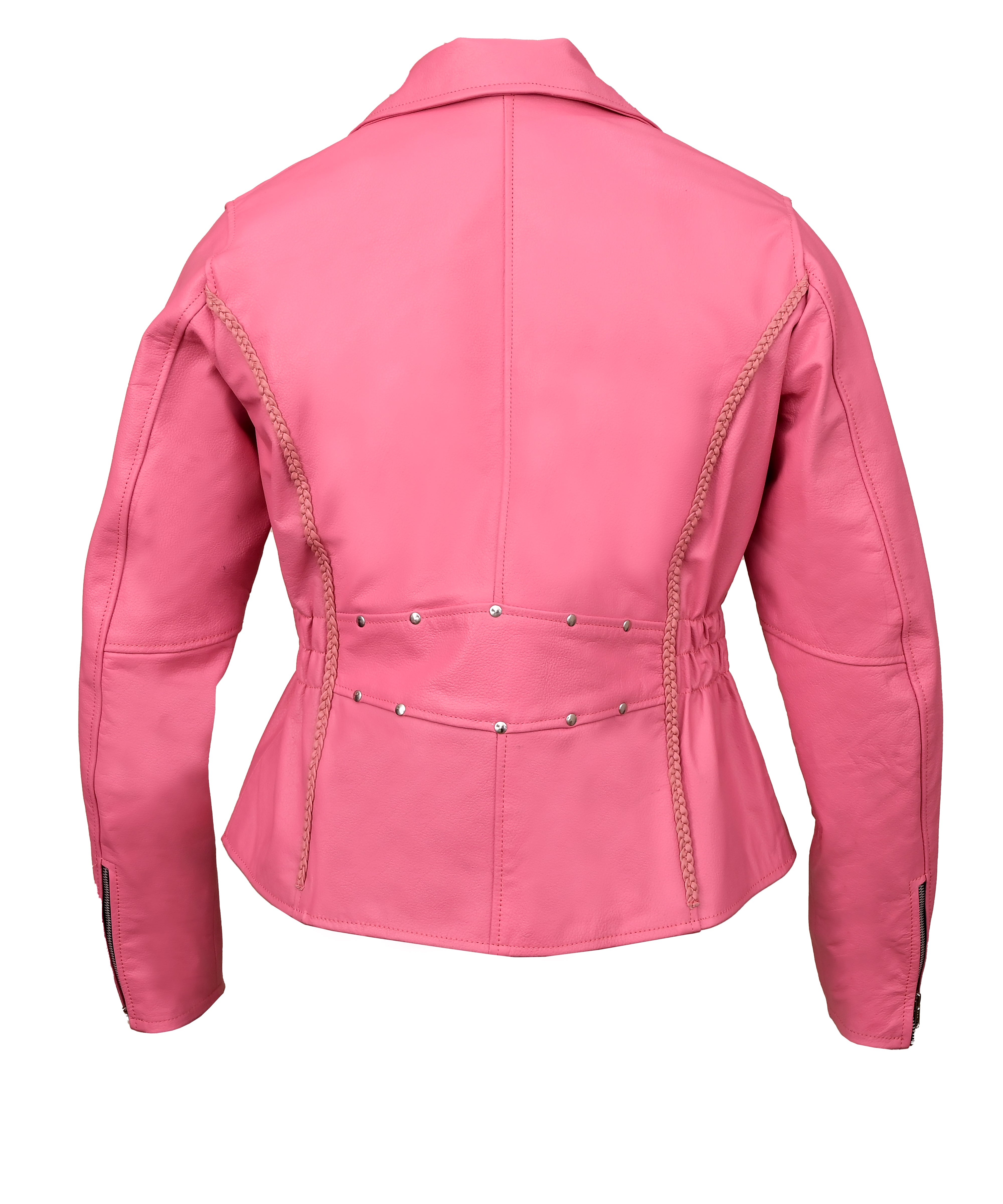 FAD Women Classic Braided Pink Leather Jacket w/ Armor Protection