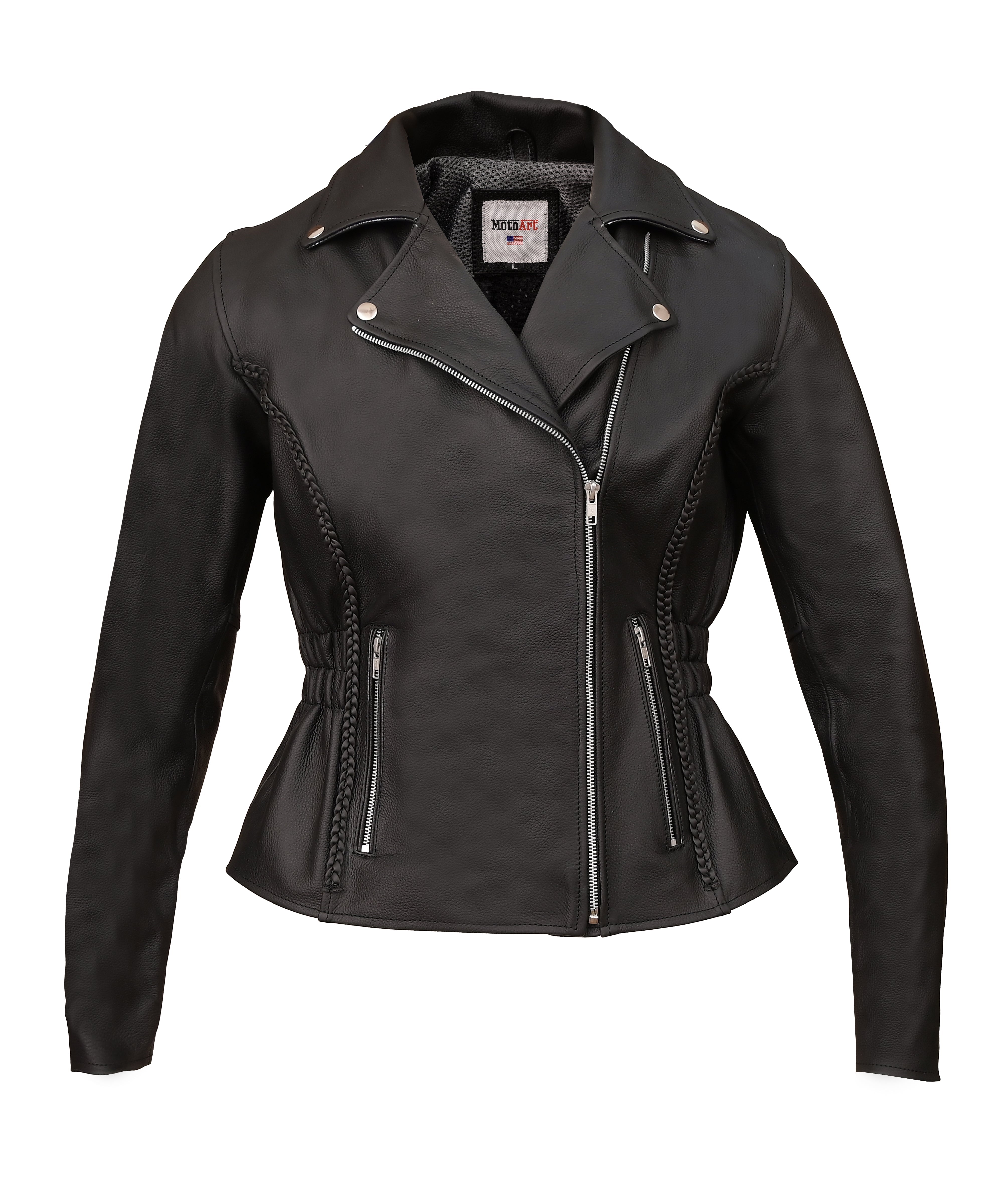 FAD Women Classic Braided Black Leather Jacket w/ Armor Protection