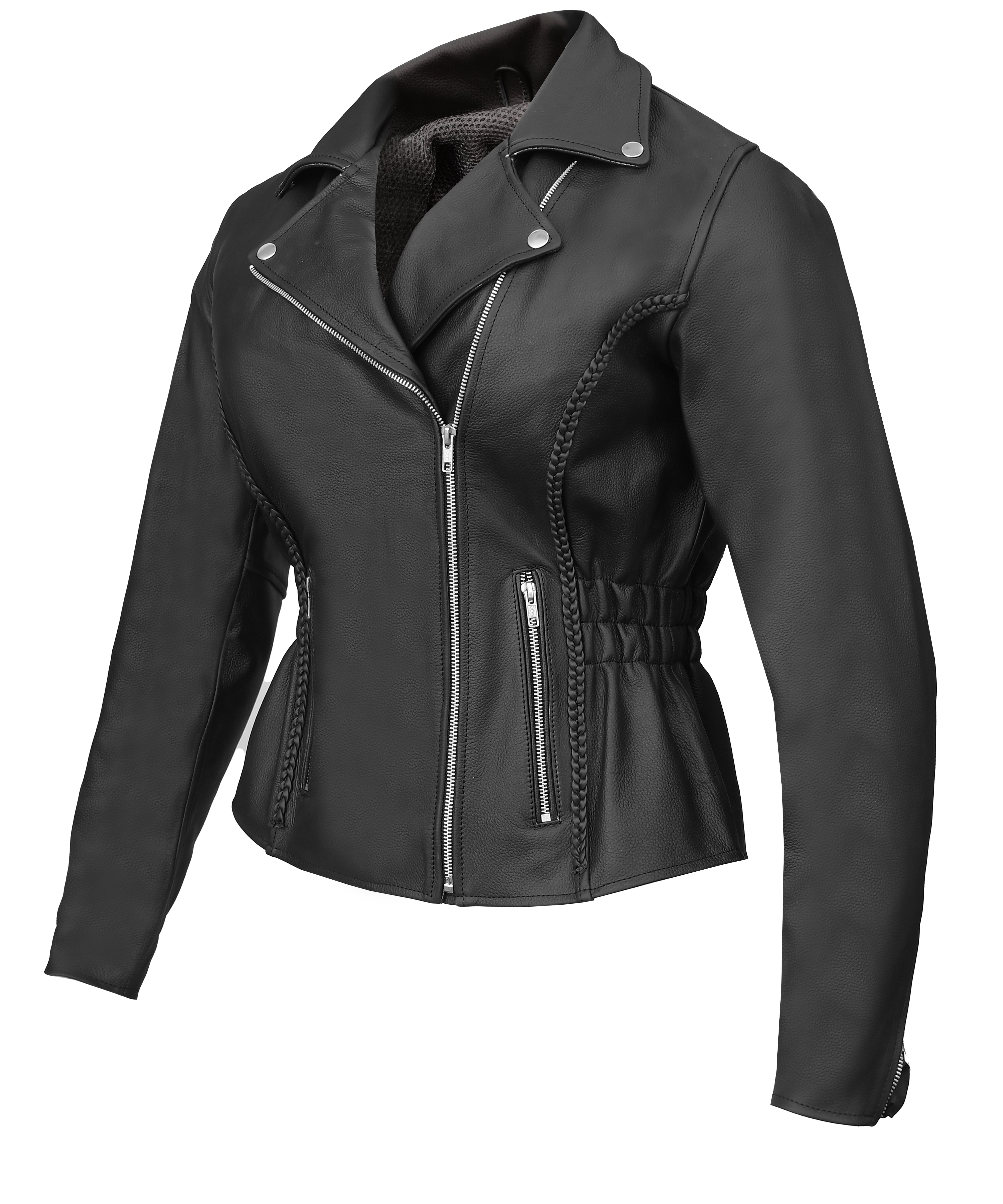 FAD Women Classic Braided Black Leather Jacket w/ Armor Protection