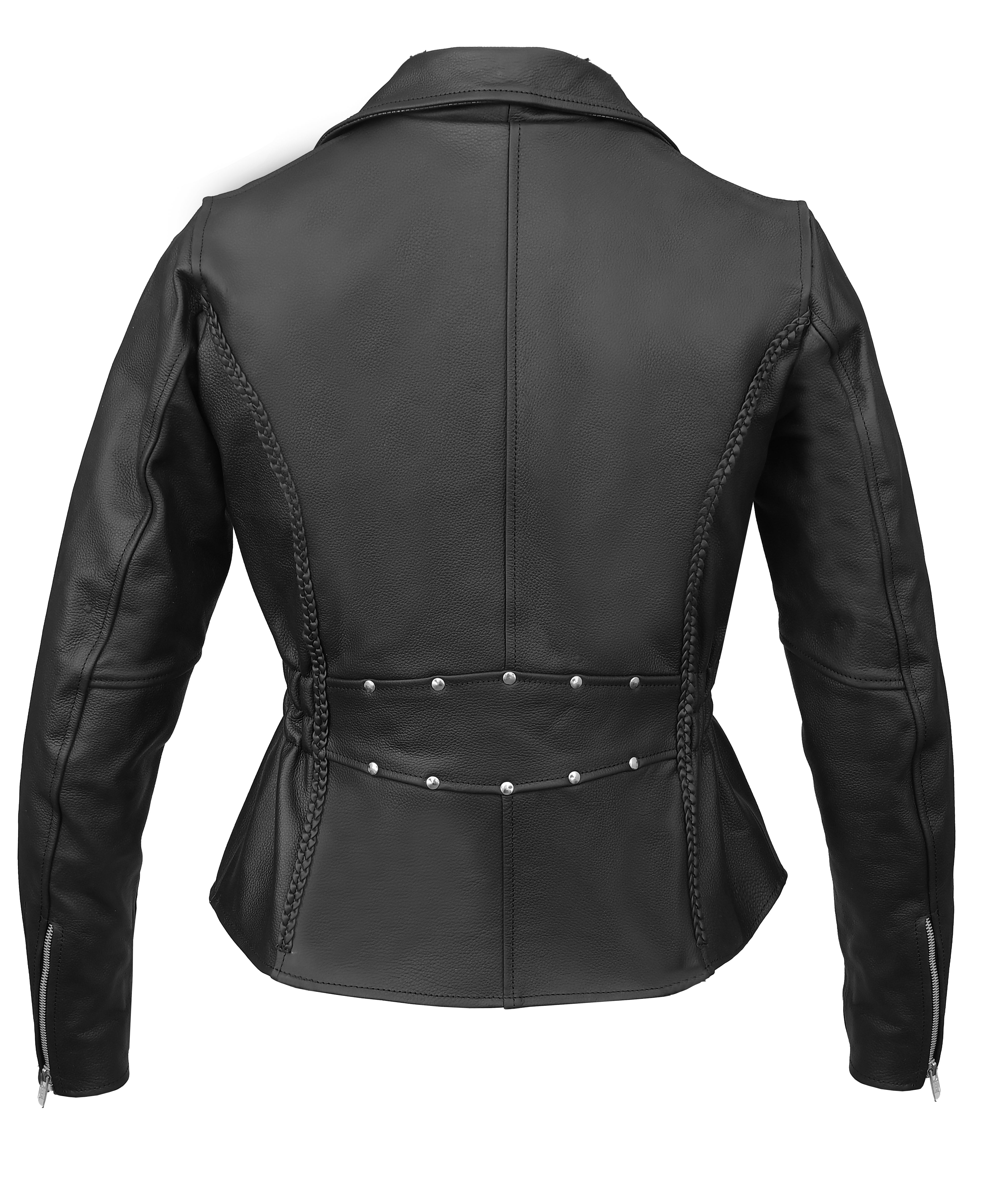 FAD Women Classic Braided Black Leather Jacket w/ Armor Protection