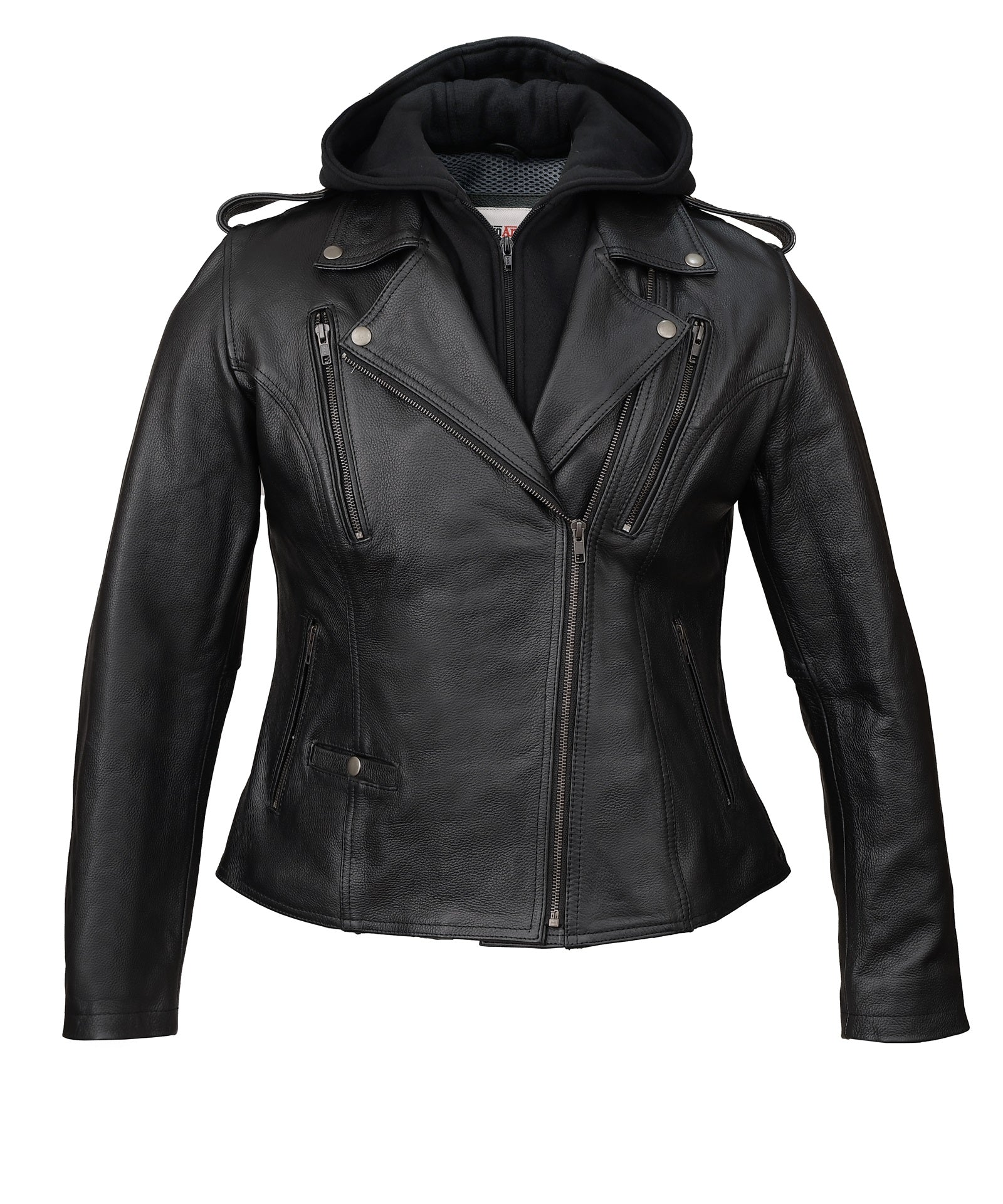 FAD Women Black Tara Hooded and Vented Motorcycle Biker Leather Jacket