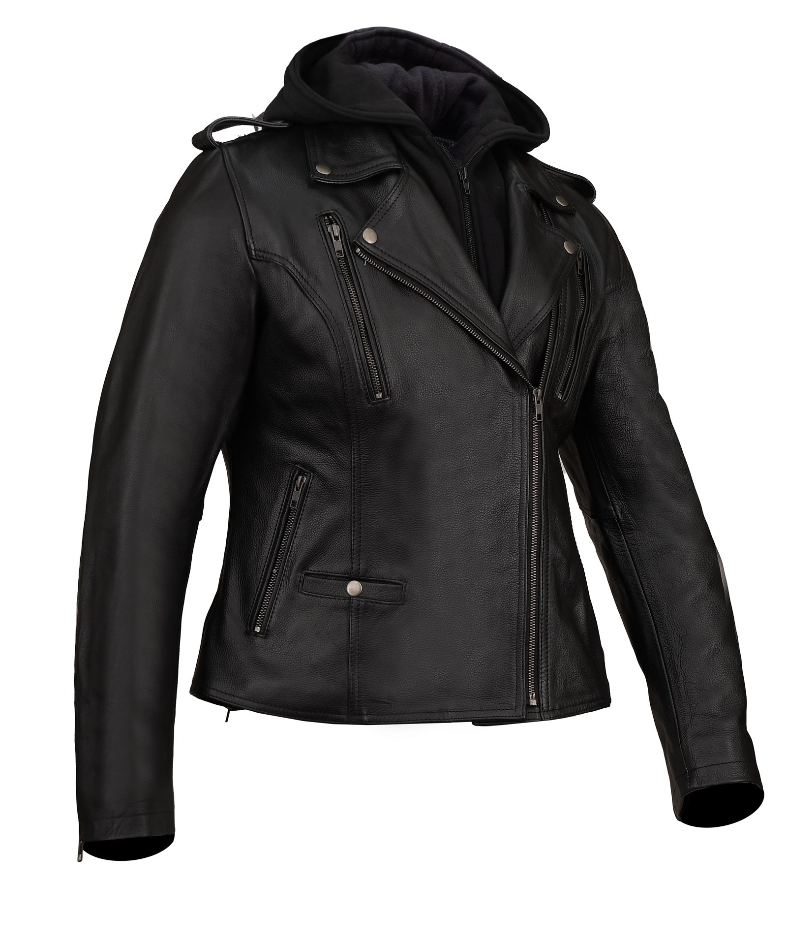 FAD Women Black Tara Hooded and Vented Motorcycle Biker Leather Jacket